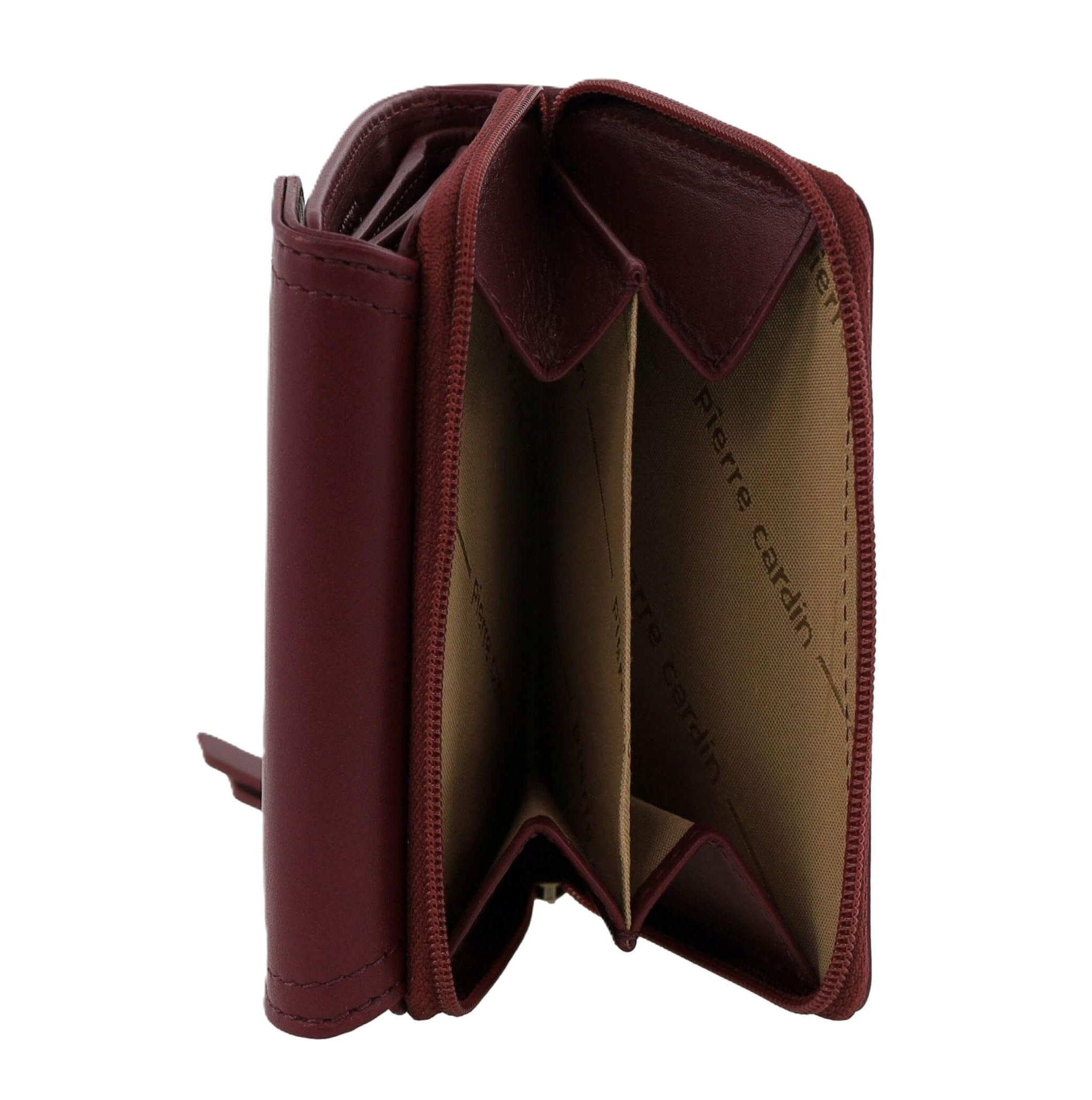 Pierre Cardin Ladies Tri-fold Tab Leather Wallet in Wine