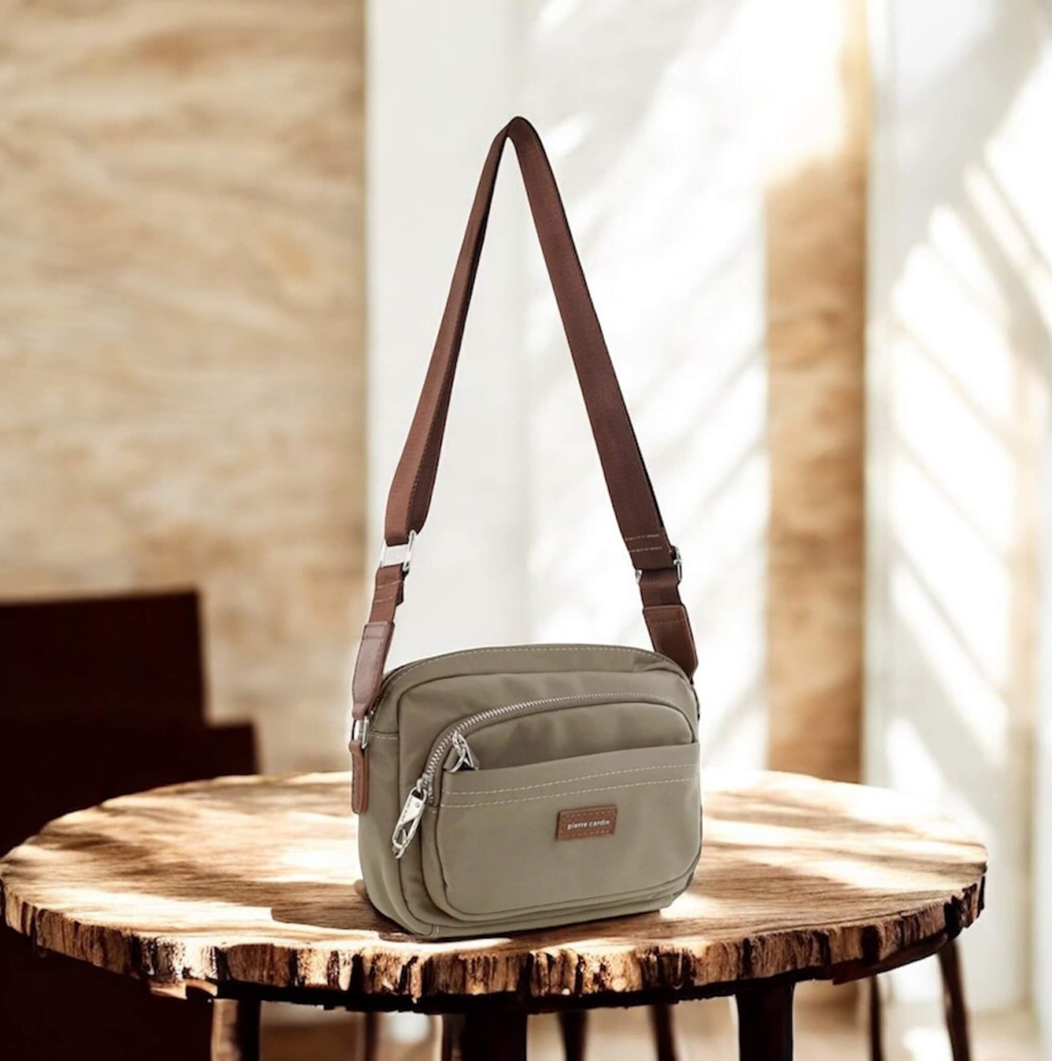 Pierre Cardin RFID Anti-Theft Nylon Crossbody Bag in Camel