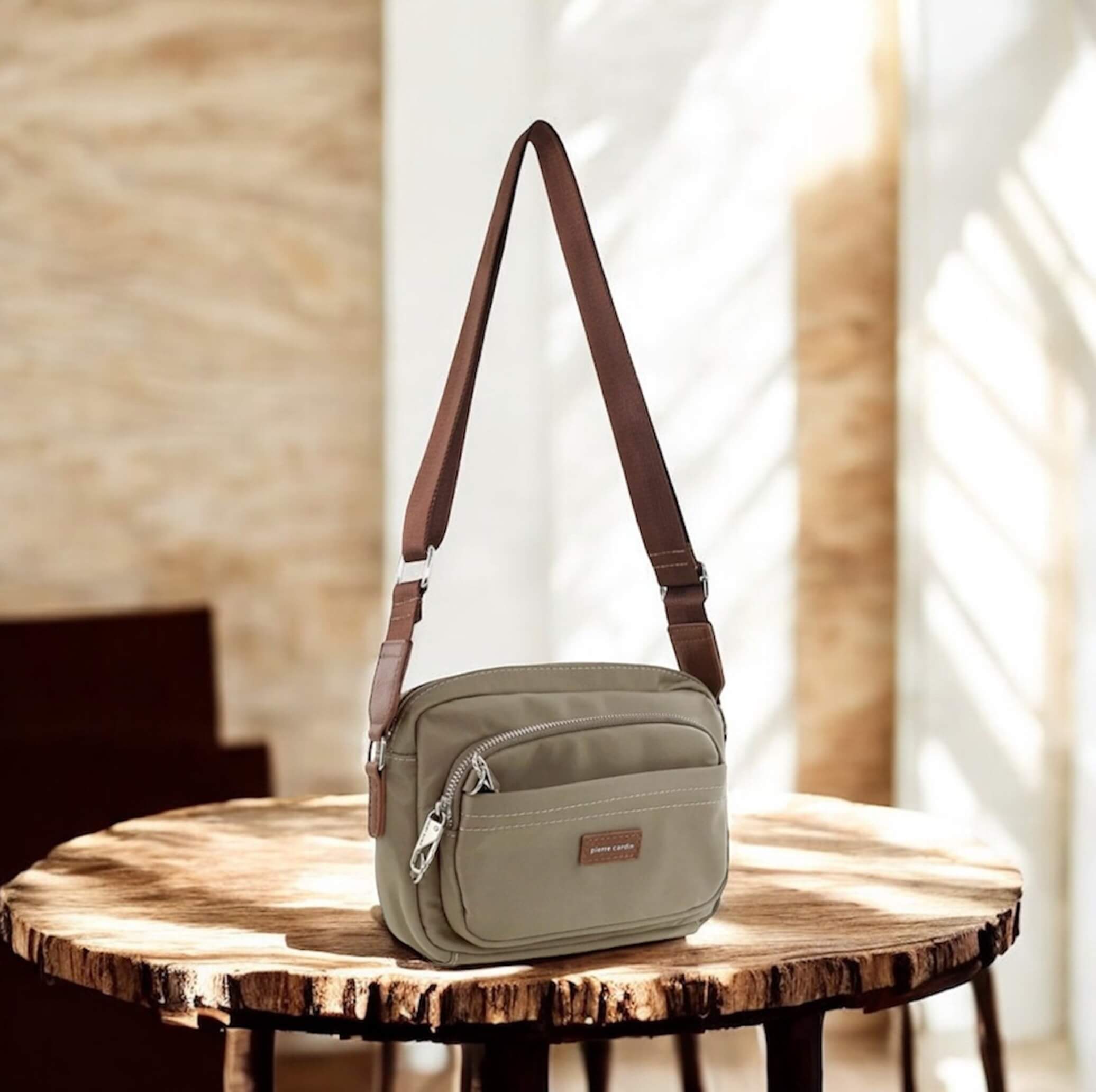 Pierre Cardin RFID Anti-Theft Nylon Crossbody Bag in Camel