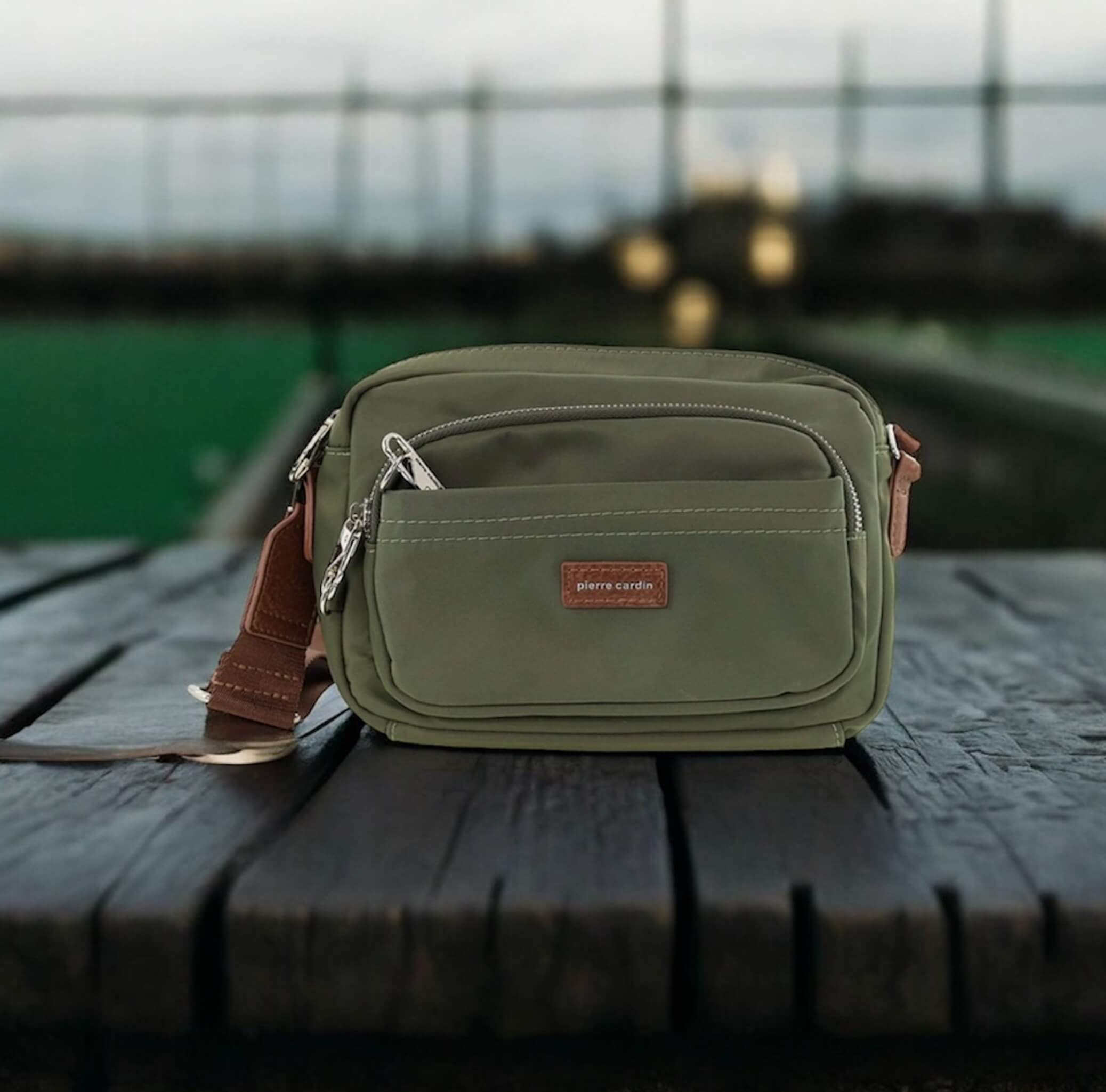Pierre Cardin RFID Anti-Theft Nylon Crossbody Bag in Olive