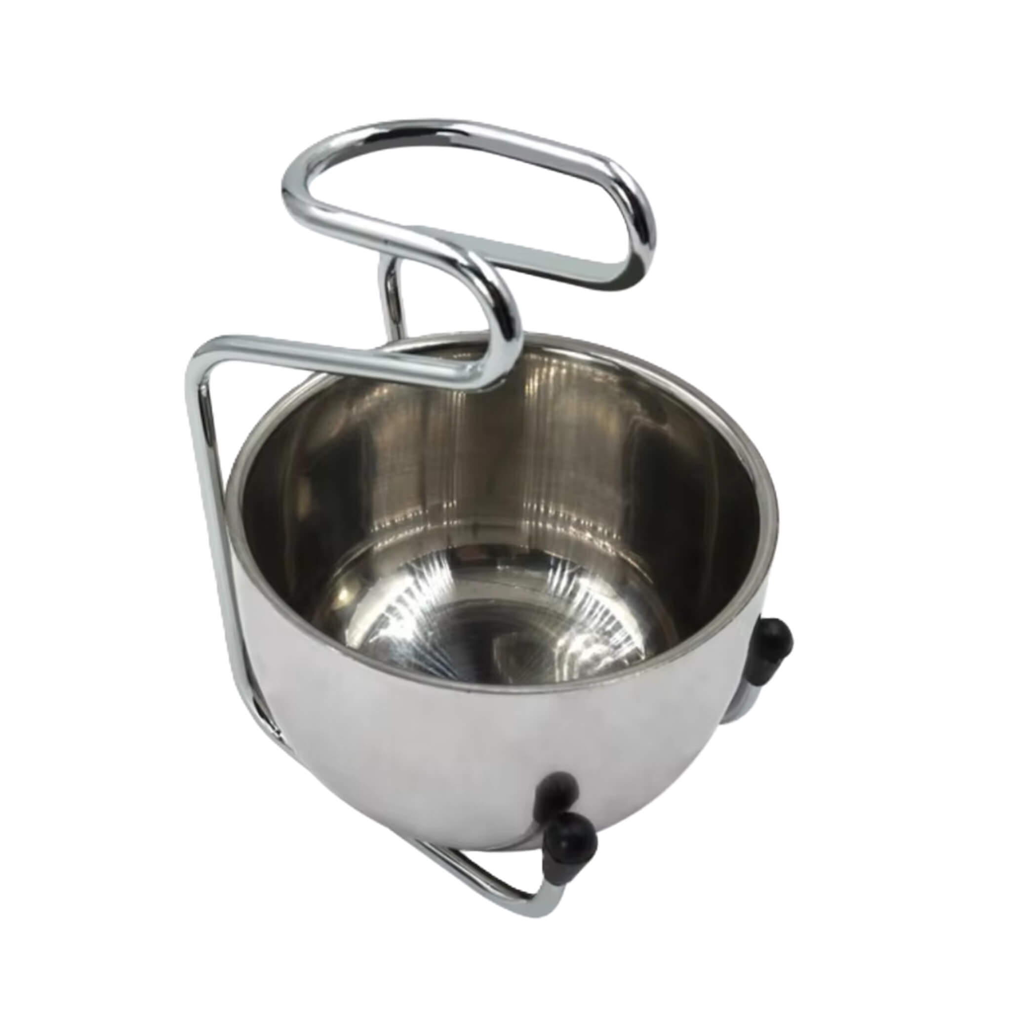 Stainless steel double bowl feeder for pets on a white background