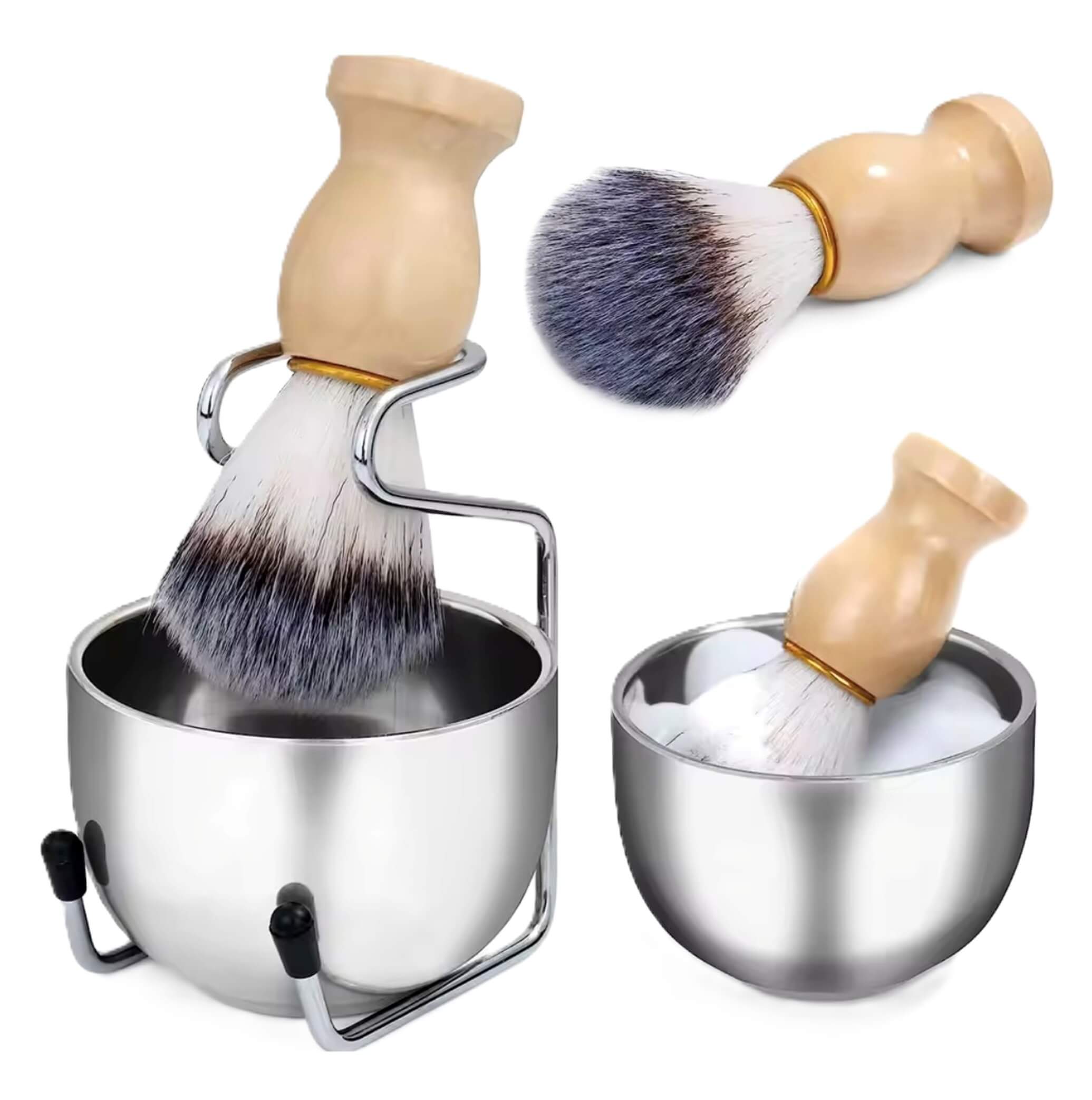 Shaving brush set with metal stand and bowl on a white background