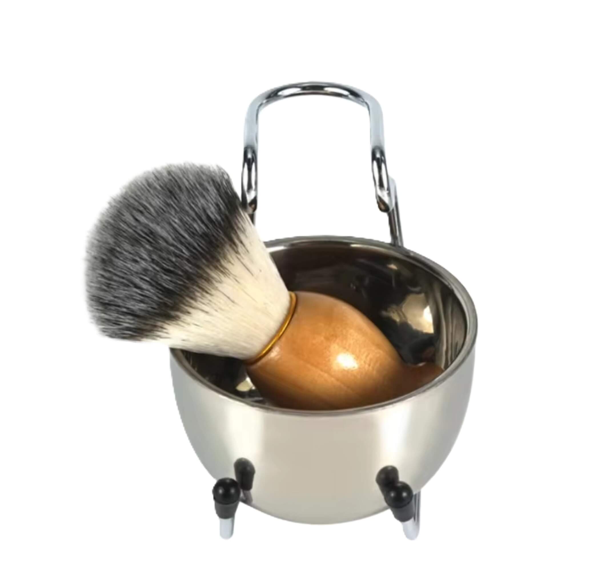Shaving brush and bowl set on a white background