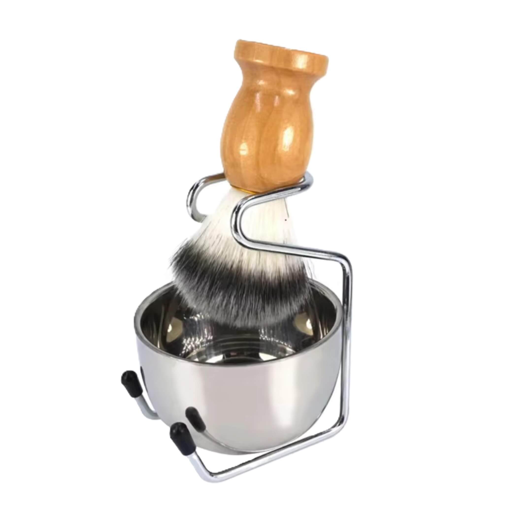 Shaving brush with wooden handle and metal stand on a white background