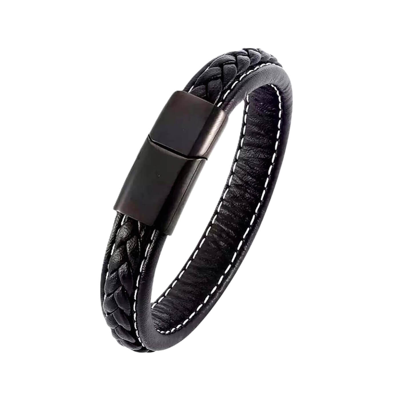 Sporty Theme Black Leather Bracelet
