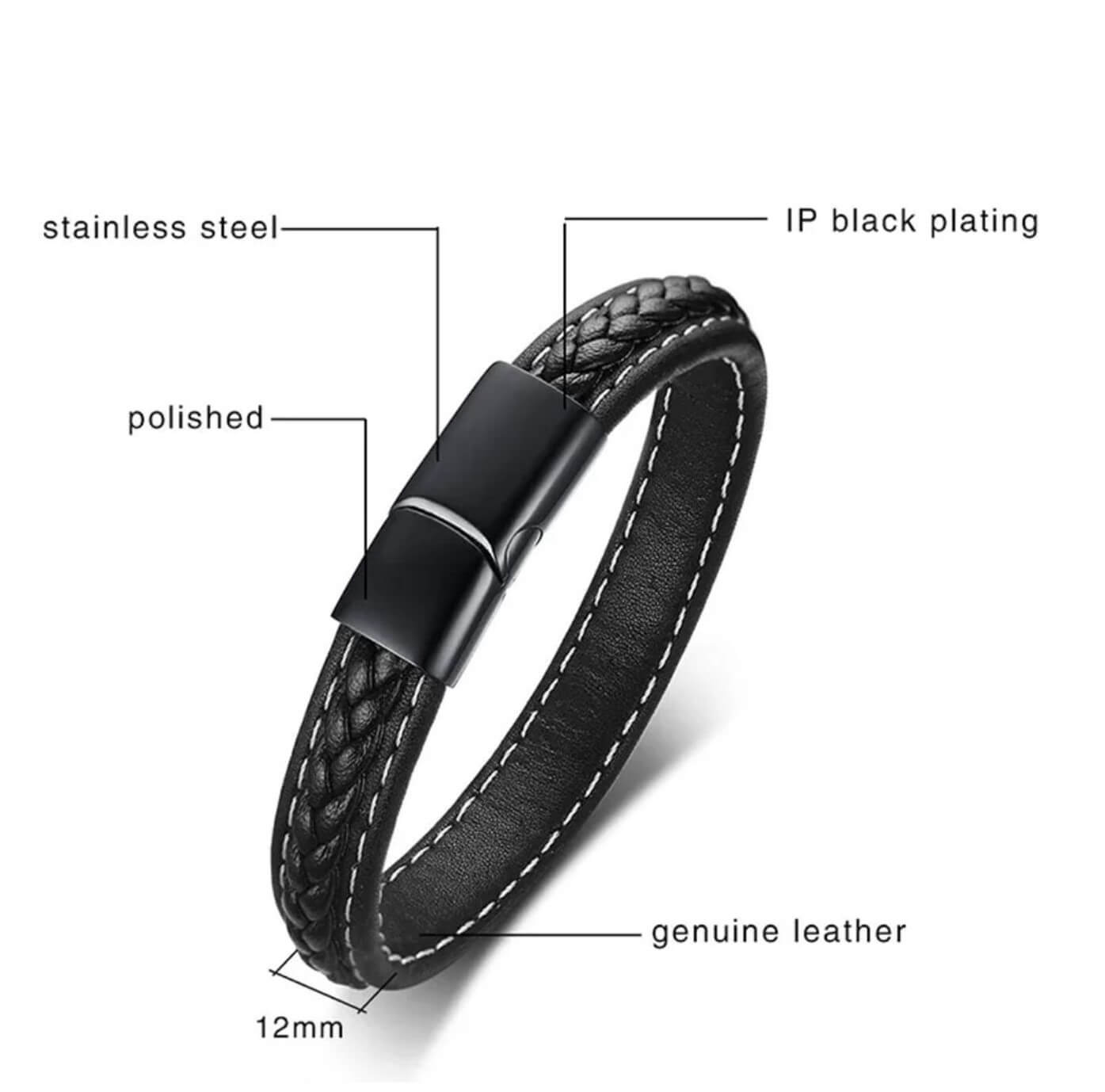 Sporty Theme Black Leather Bracelet