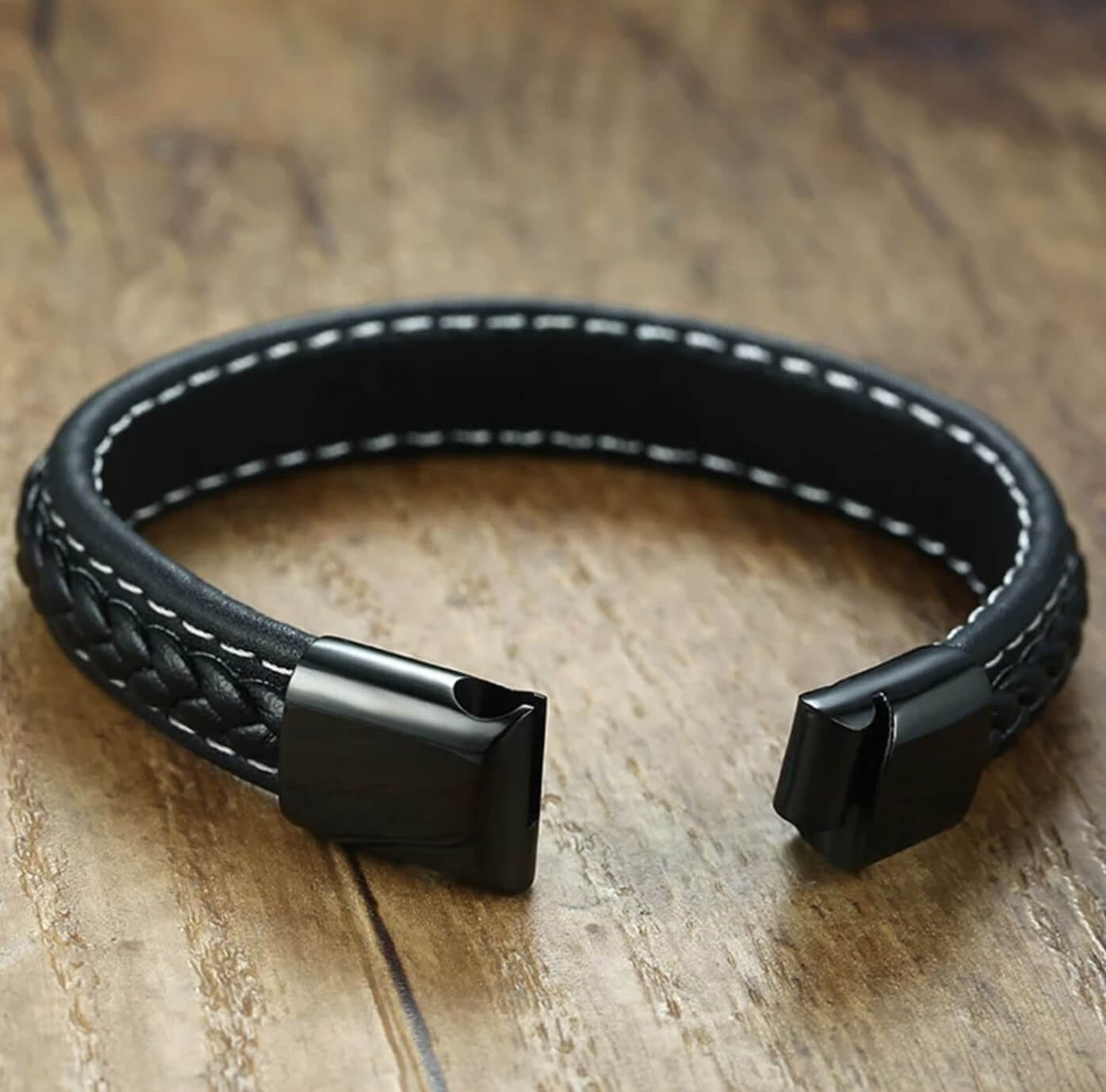 Sporty Theme Black Leather Bracelet