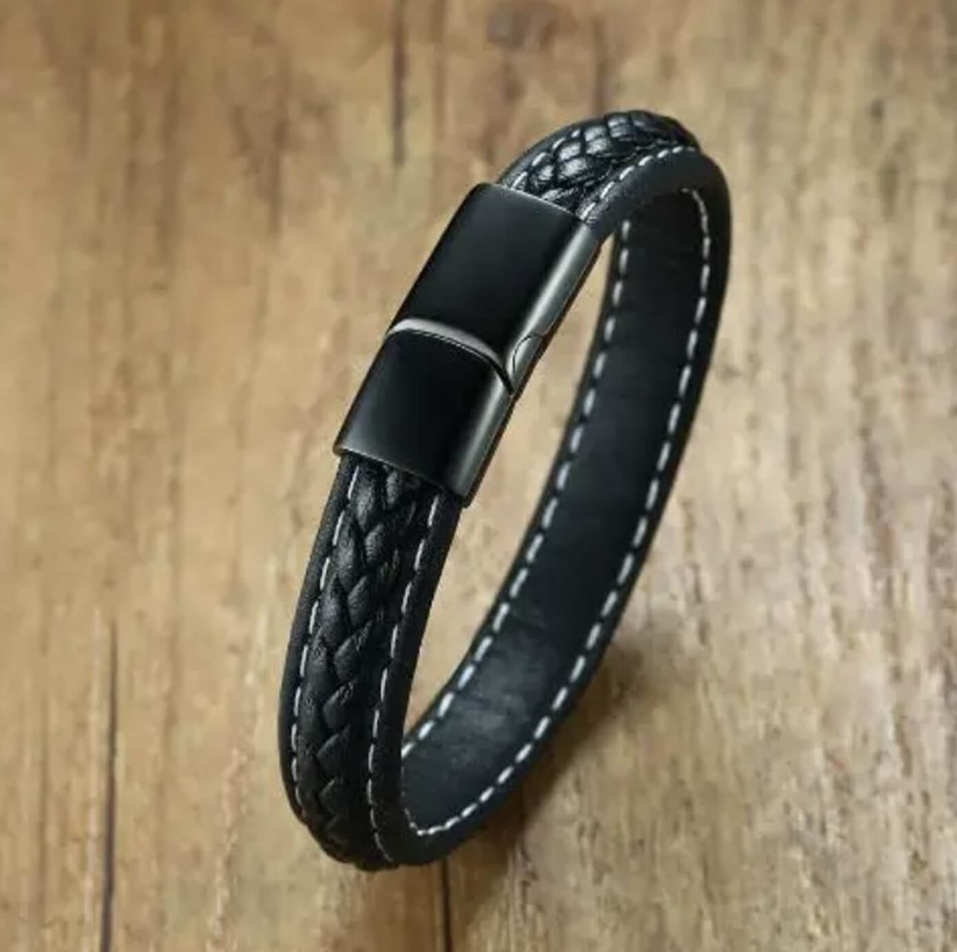 Sporty Theme Black Leather Bracelet