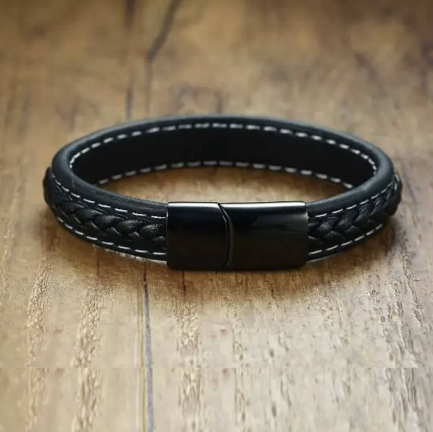 Sporty Theme Black Leather Bracelet