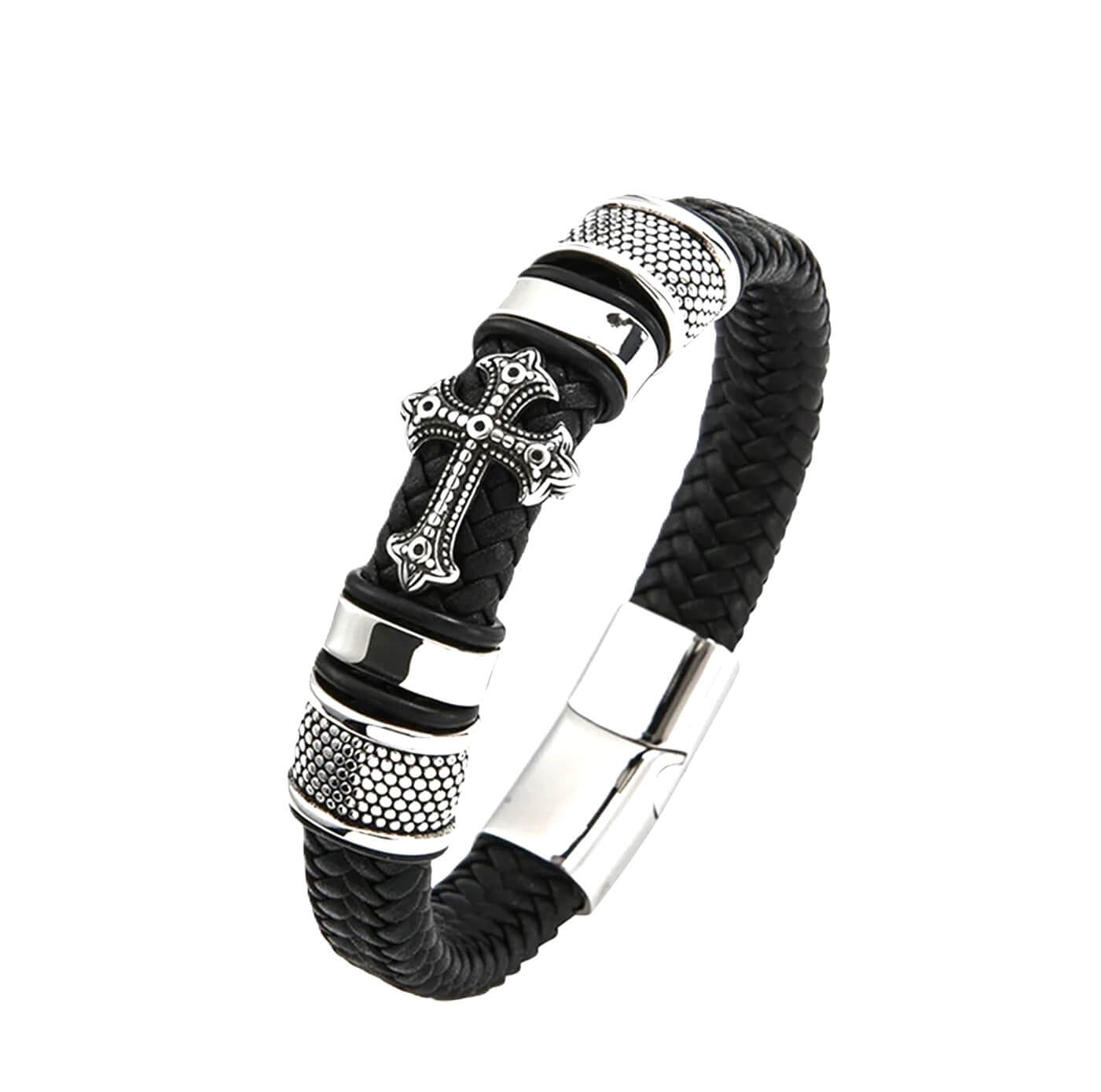 Black Leather Band Mens Cross Bracelet