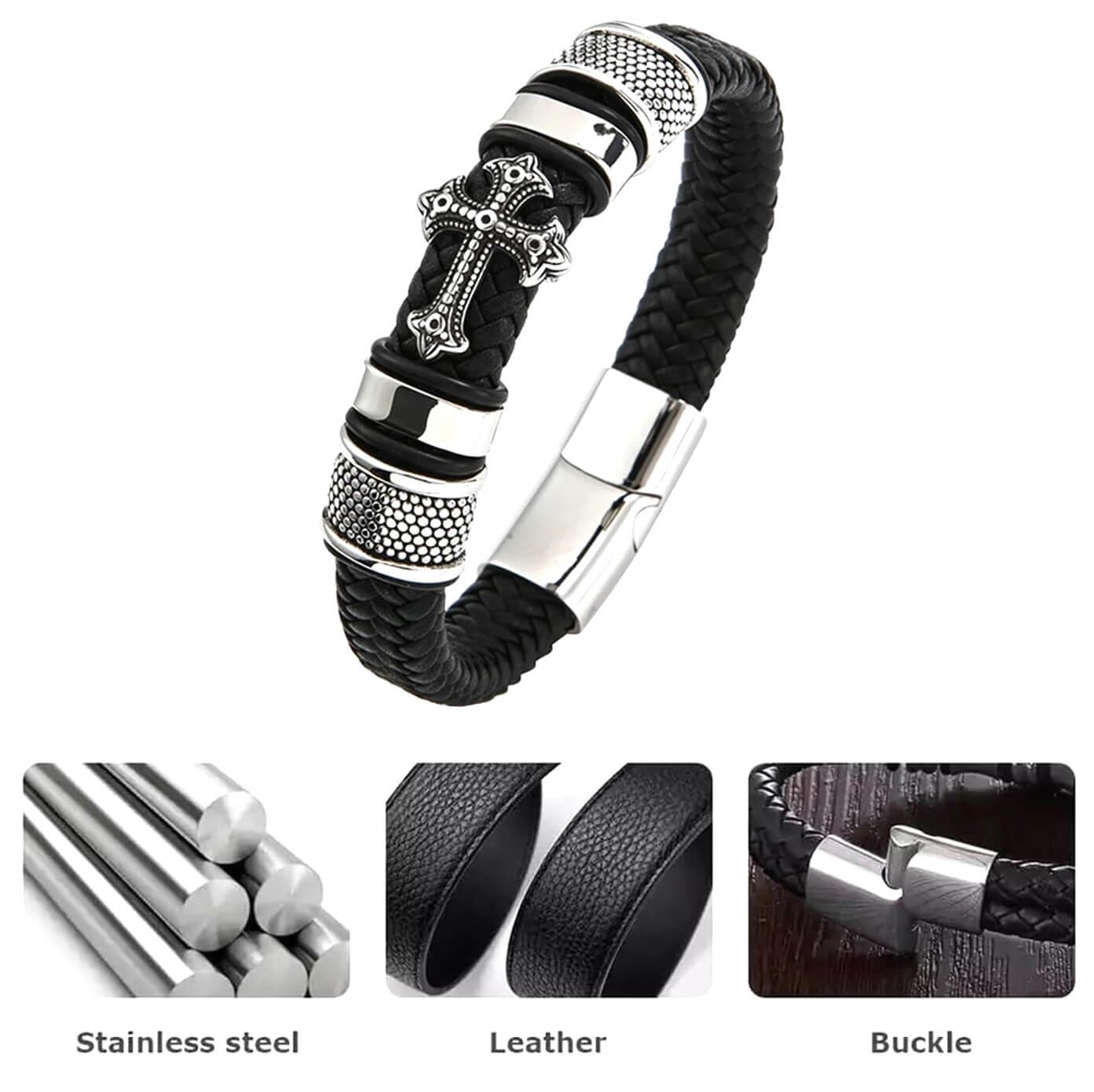 Black Leather Band Mens Cross Bracelet
