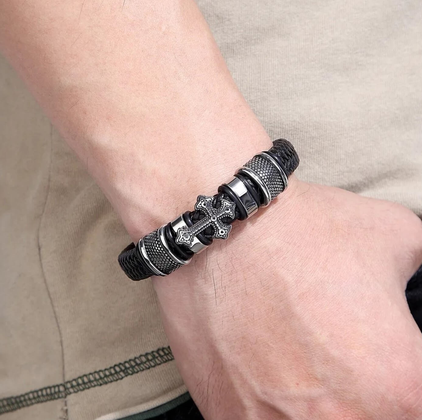 Black Leather Band Mens Cross Bracelet