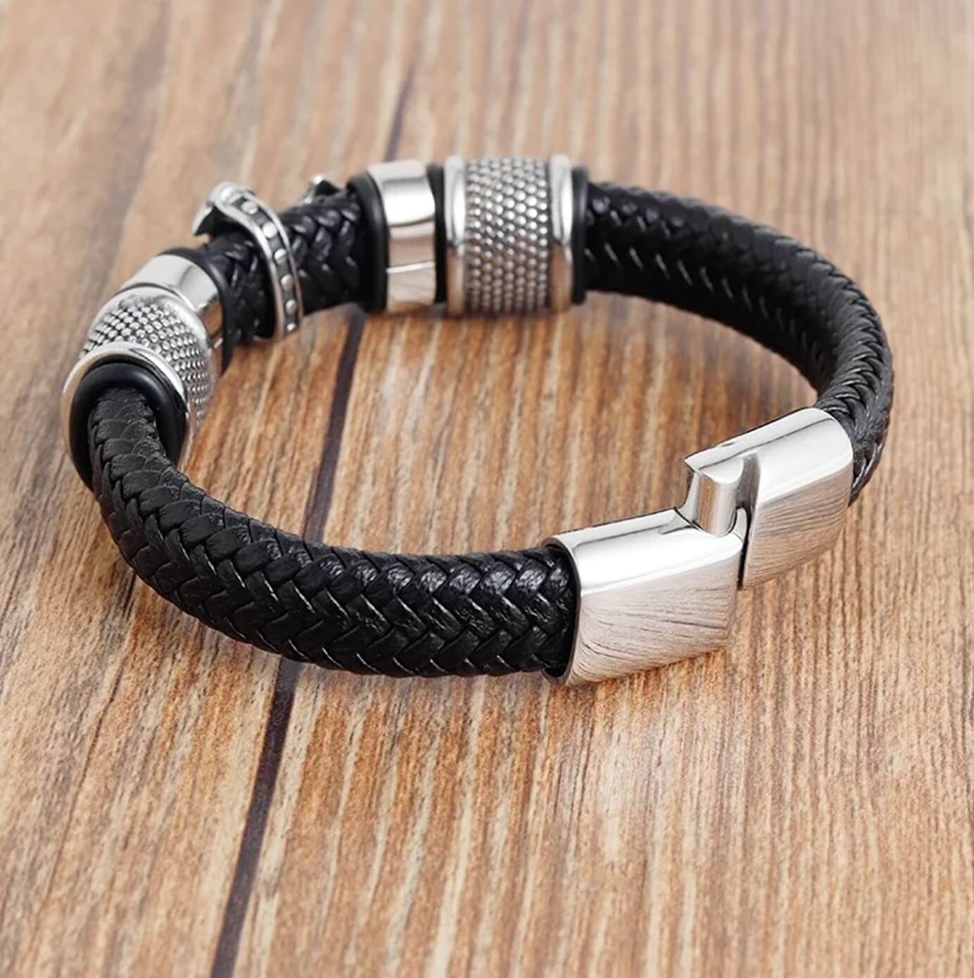 Black Leather Band Mens Cross Bracelet