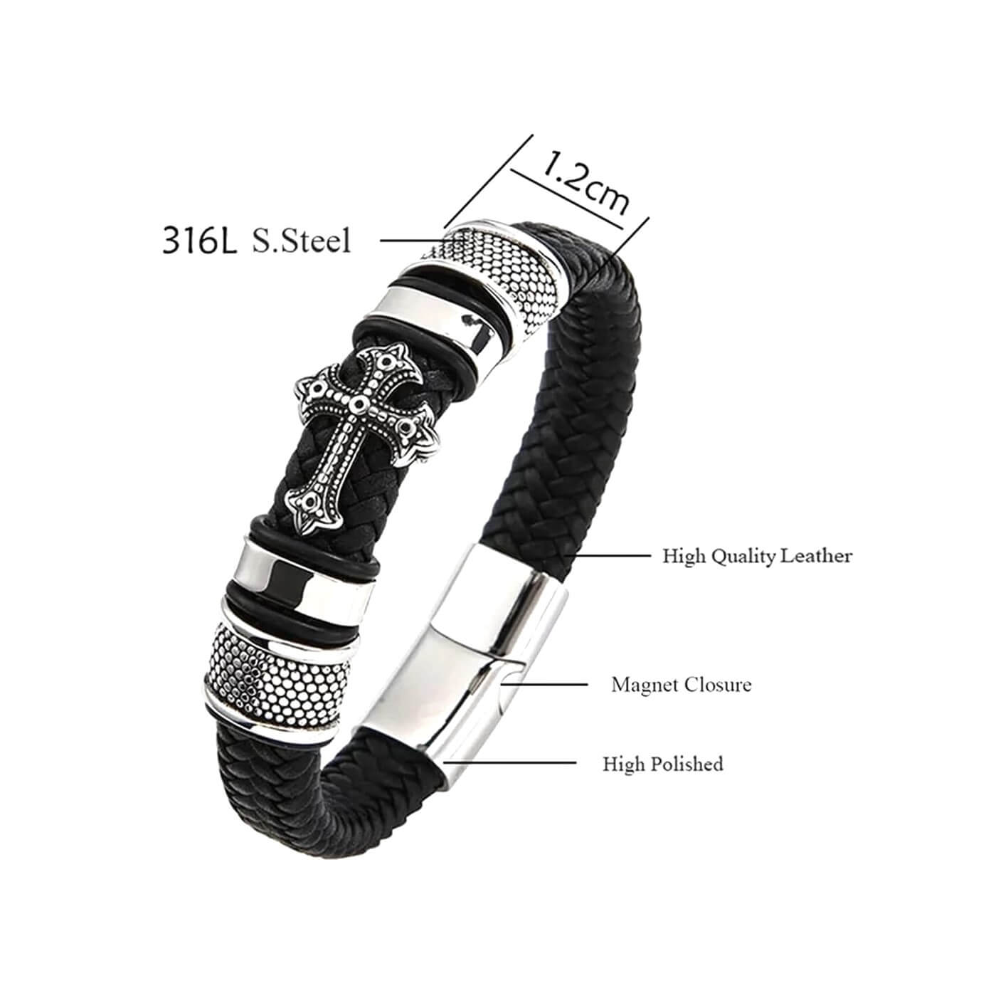 Black Leather Band Mens Cross Bracelet