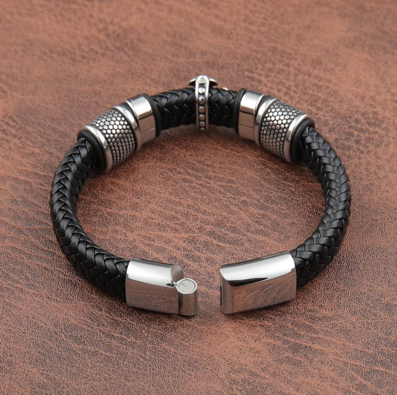 Black Leather Band Mens Cross Bracelet