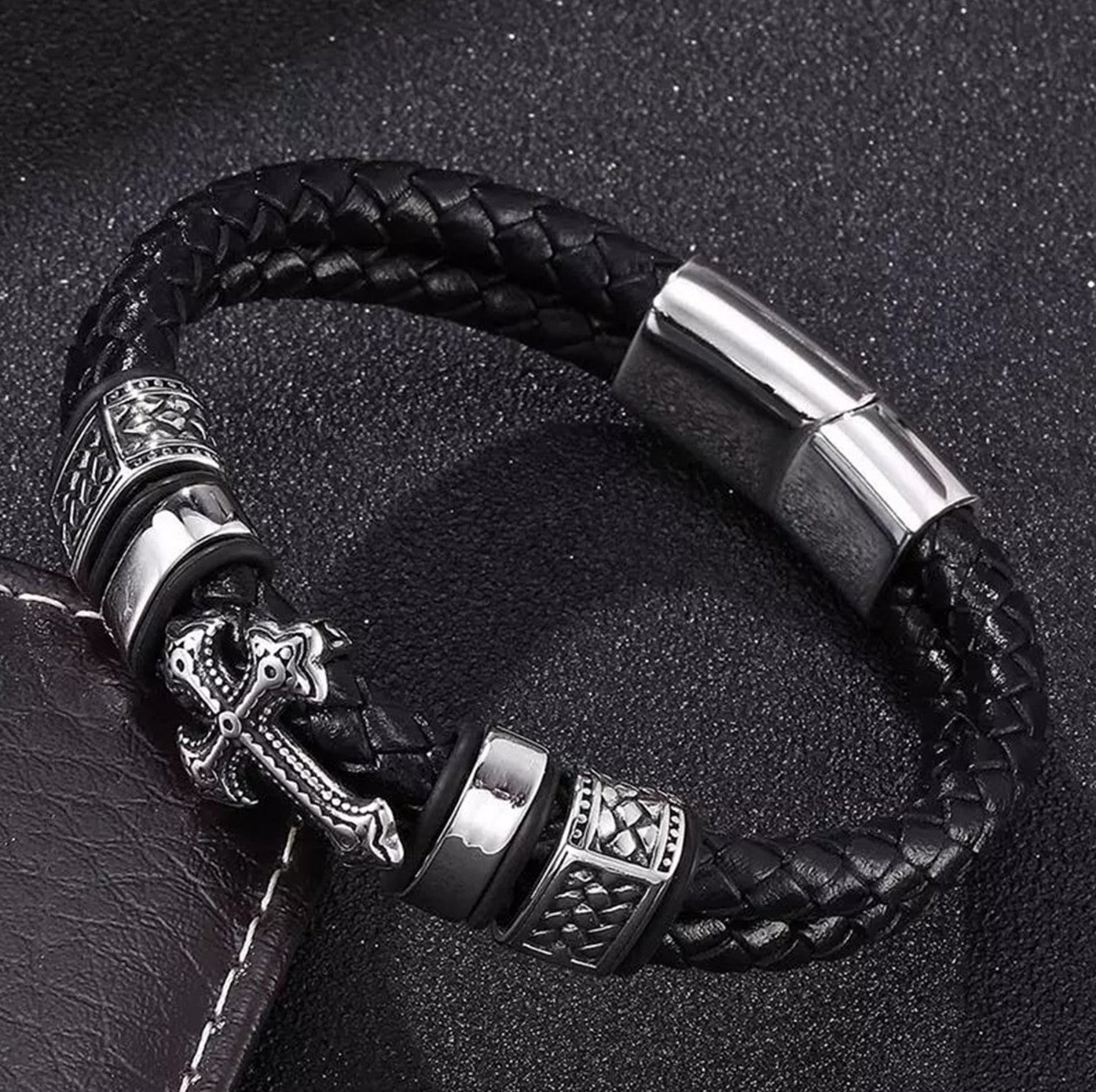 Mens Faith Cross Leather Bracelet