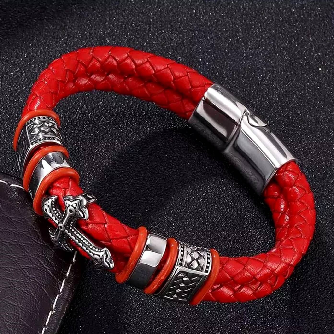 Men's Cross Faith Red Leather Bracelet