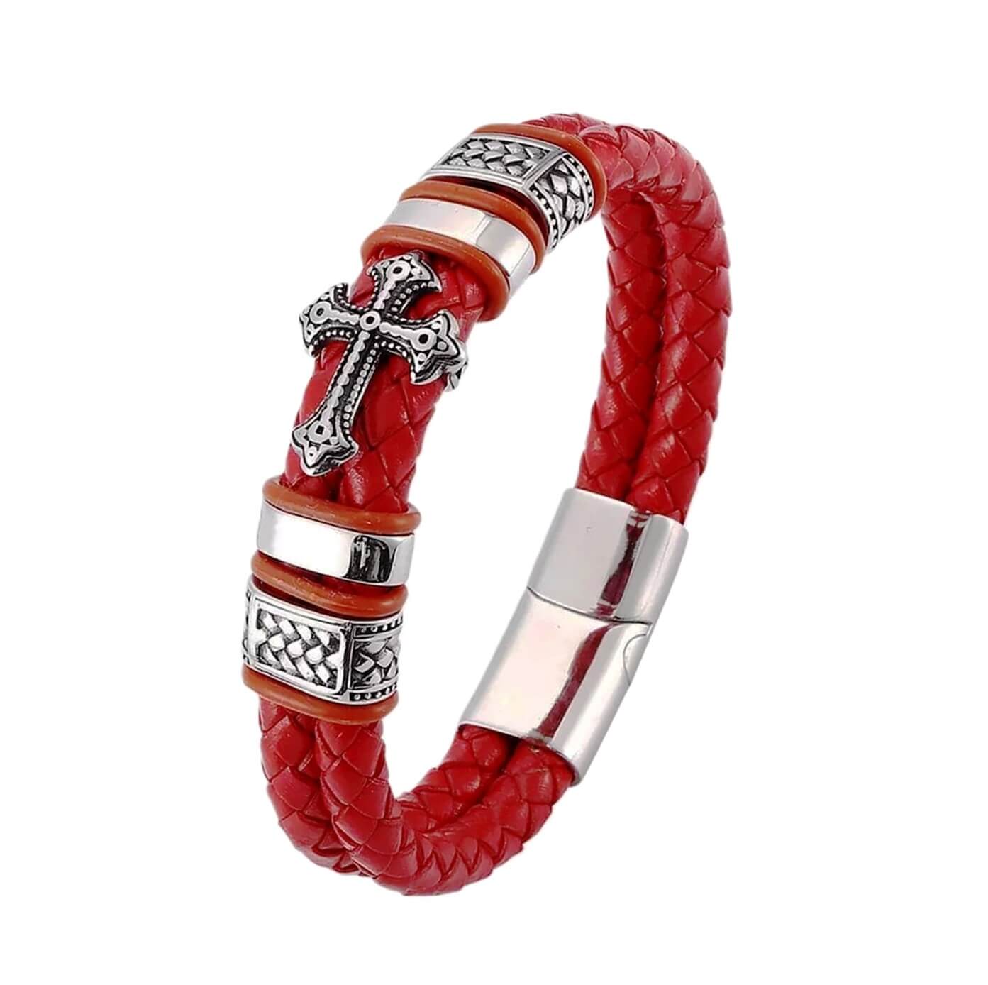 Men's Cross Faith Red Leather Bracelet