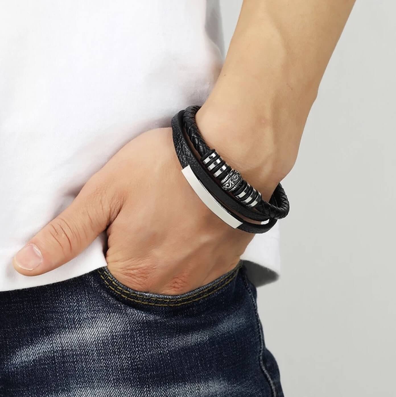 Mens Multi Design Leather Bracelet