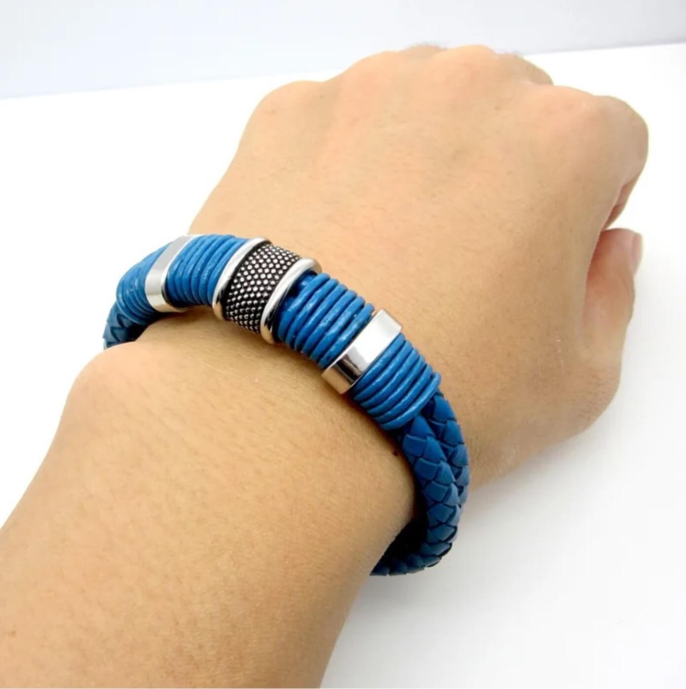 Mens Buckle Leather Bracelet/Navy