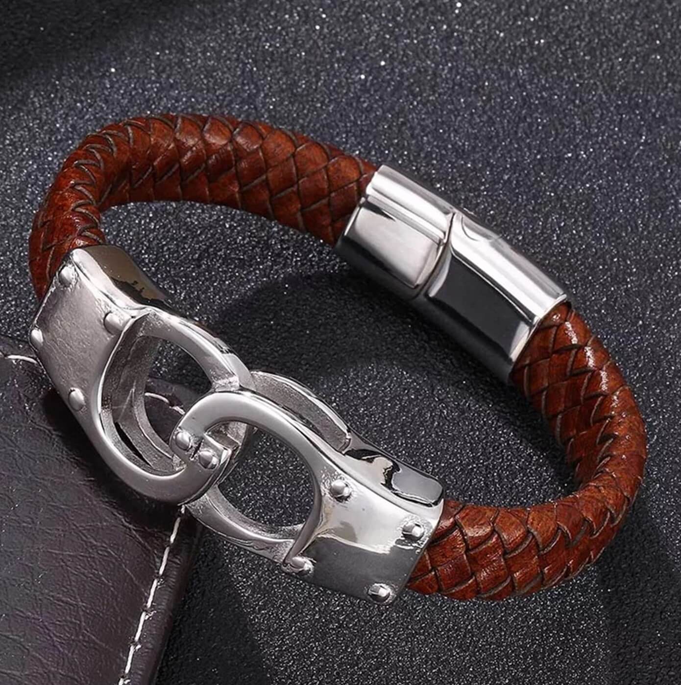 Mens Antique Manacles Leather Bracelet