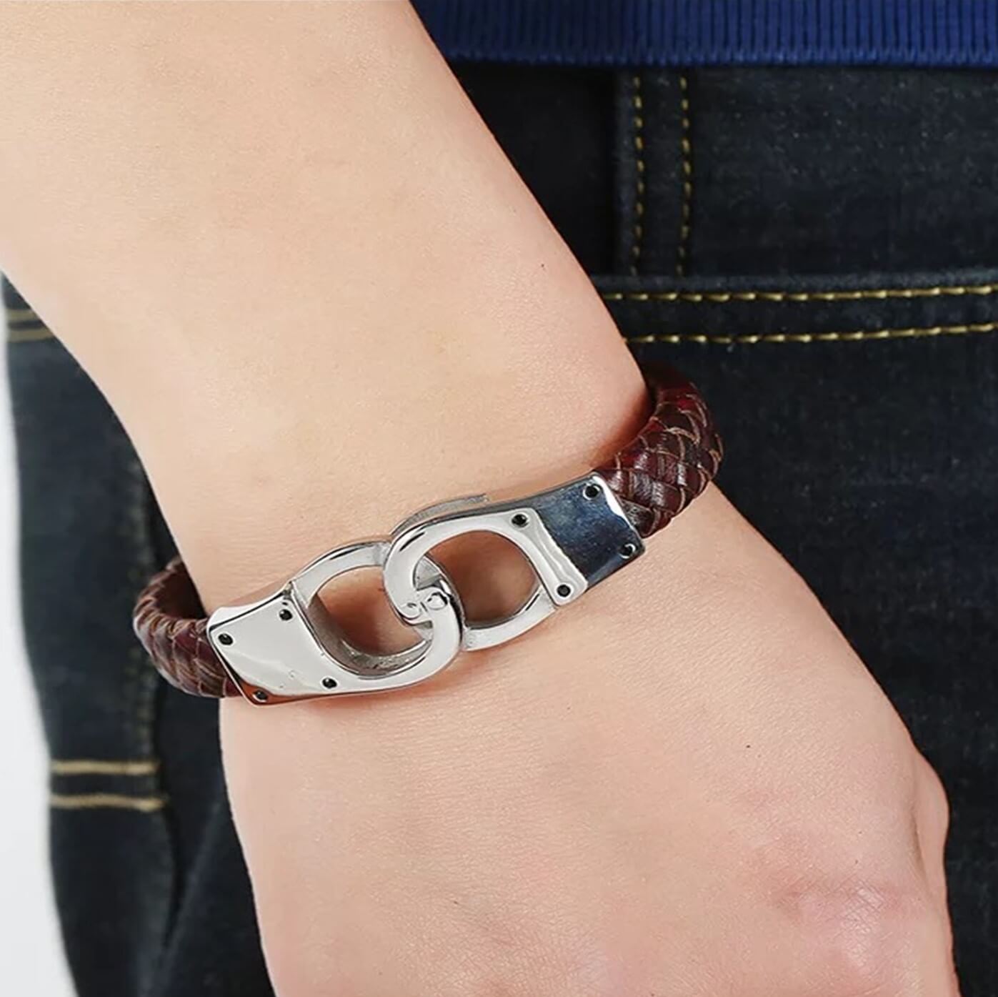 Mens Antique Manacles Leather Bracelet