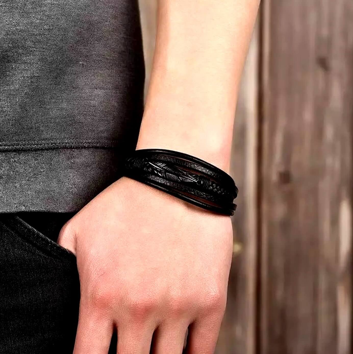 Mens Mystic Feather Leather Bracelet