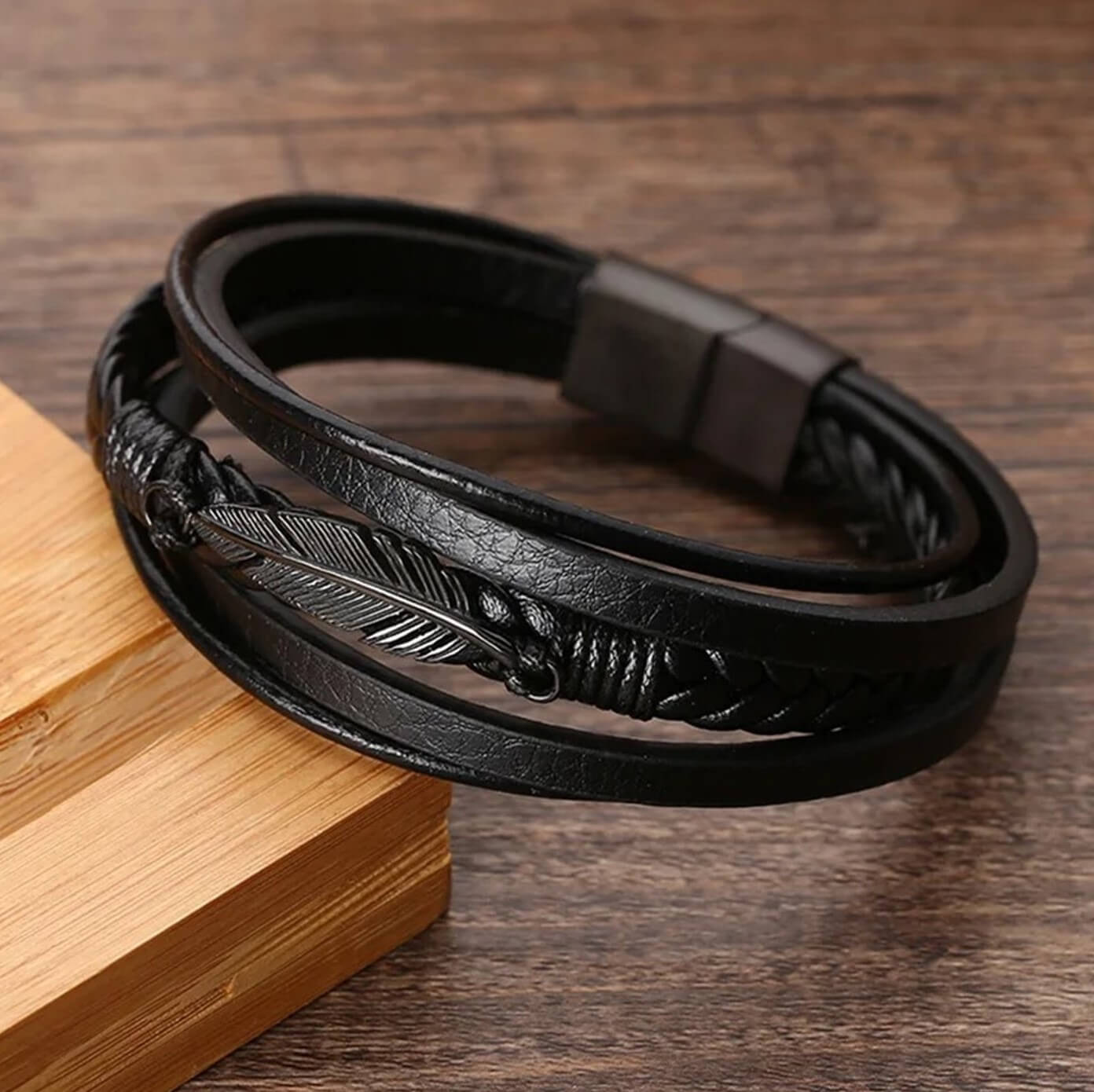 Mens Mystic Feather Leather Bracelet