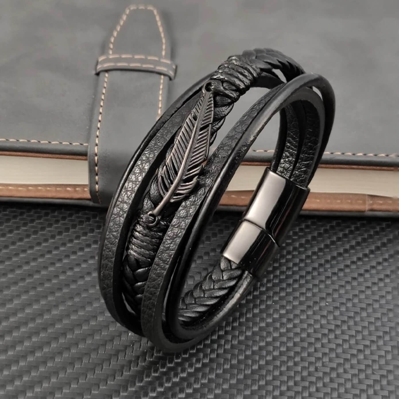 Mens Mystic Feather Leather Bracelet