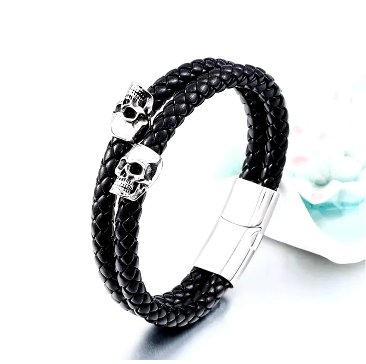 Mens Noggin Skull Leather Bracelet