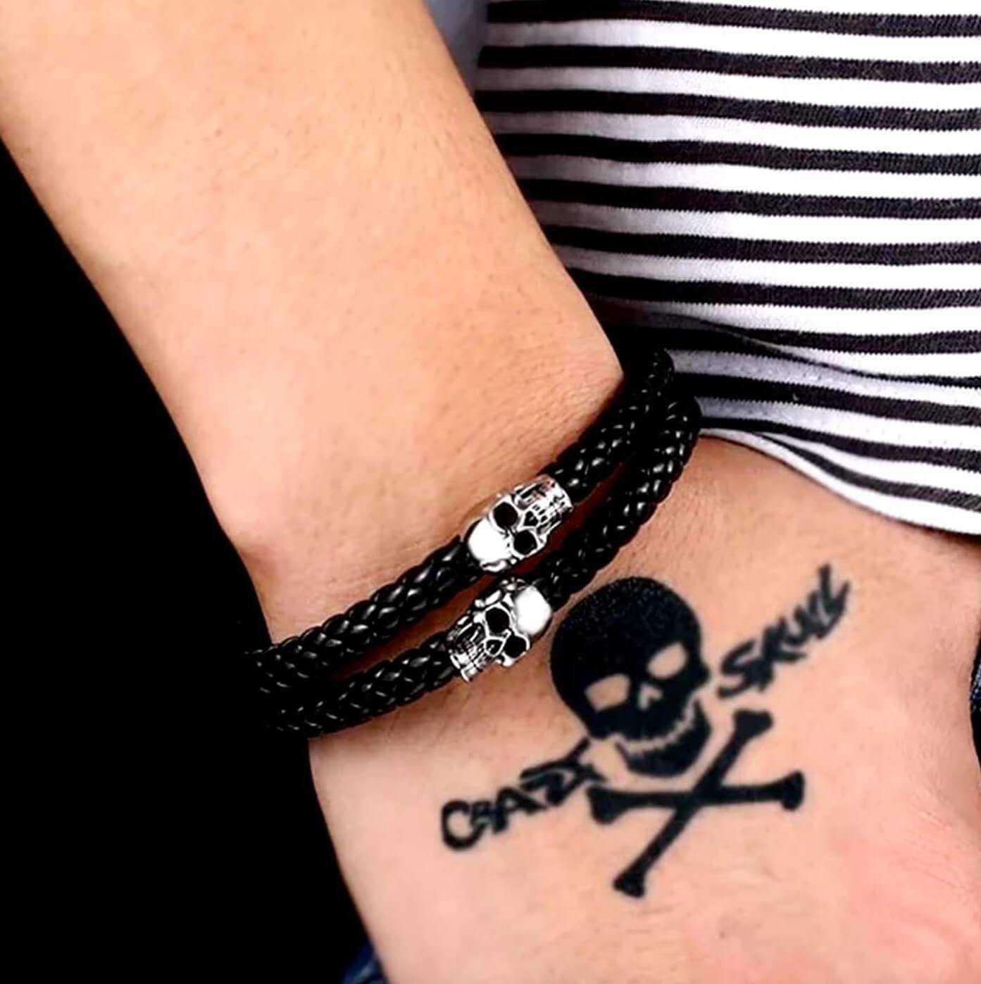 Mens Noggin Skull Leather Bracelet