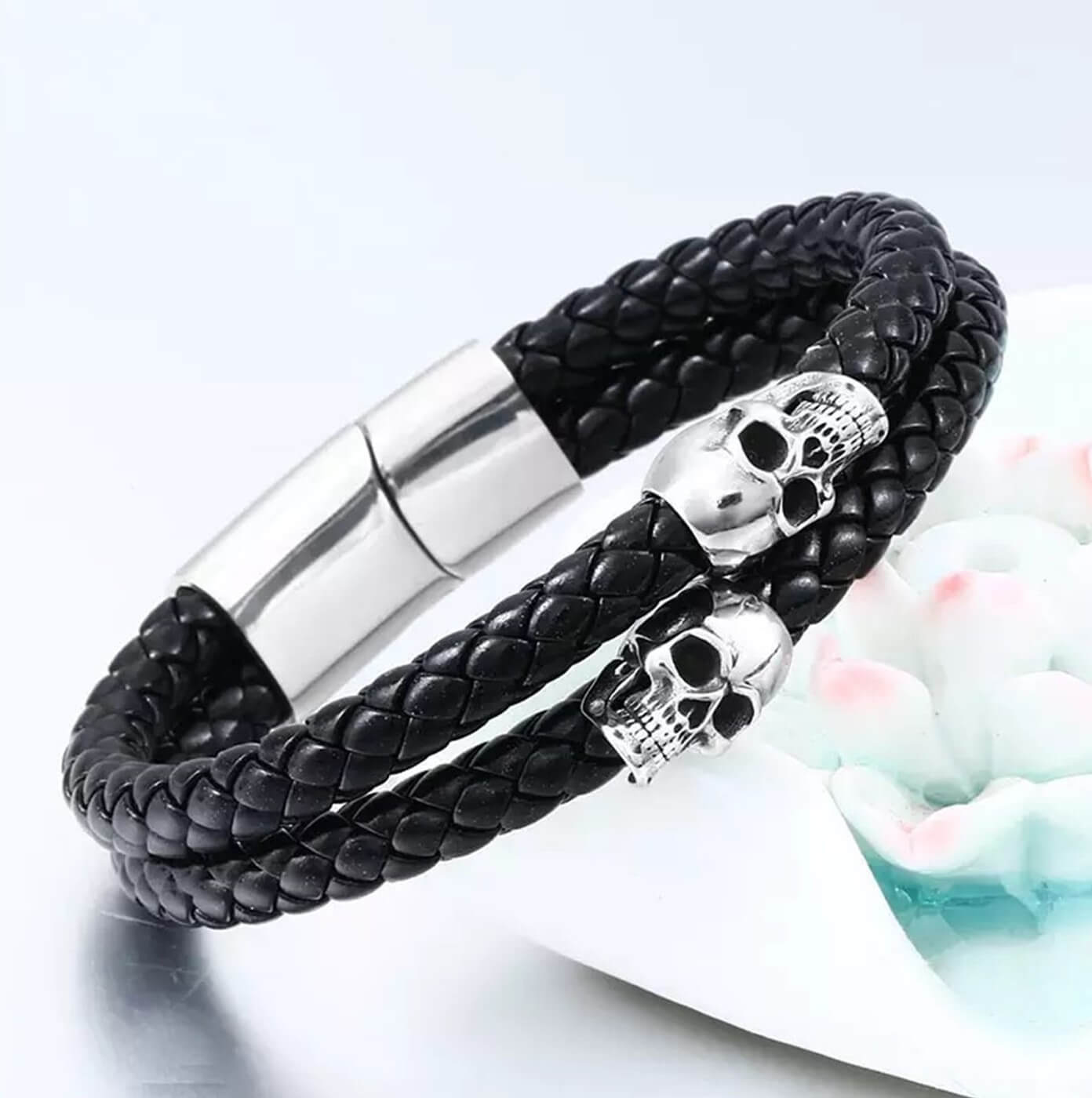 Mens Noggin Skull Leather Bracelet