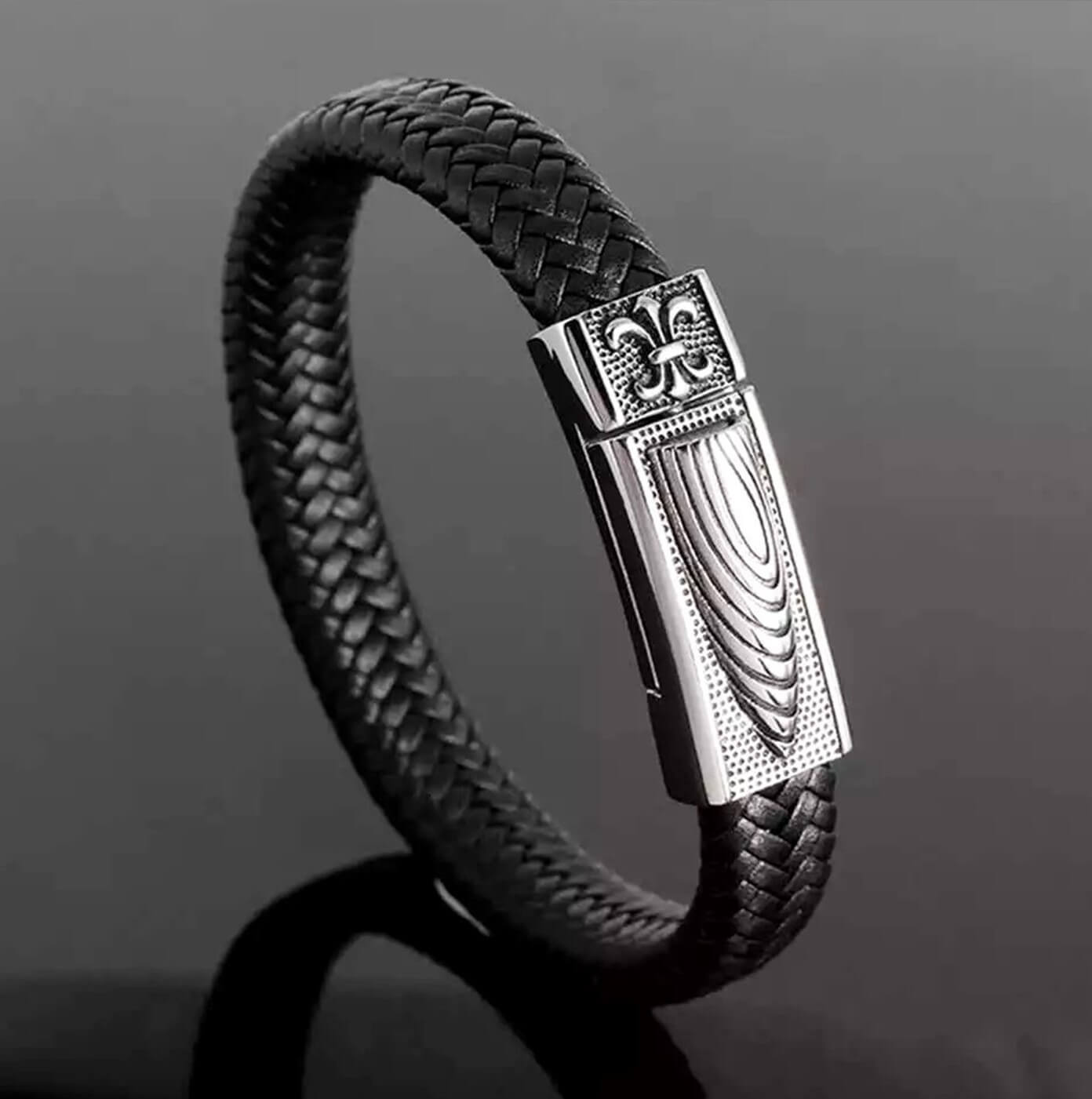 Mens Black Leather Shell Bracelet