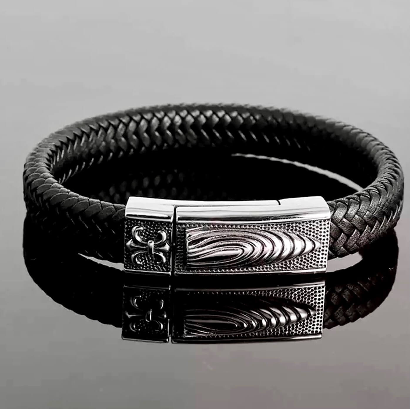 Mens Black Leather Shell Bracelet