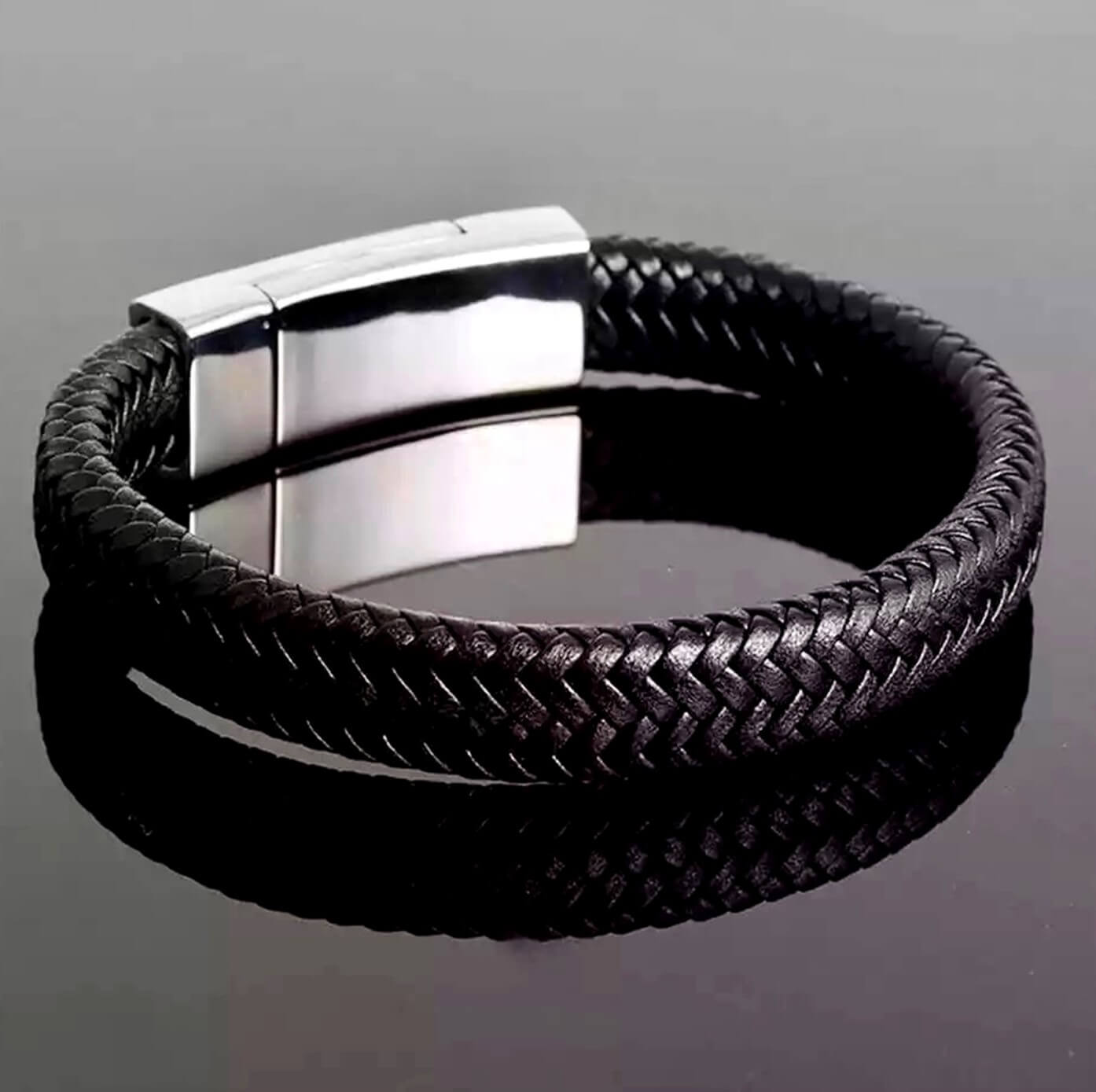 Mens Black Leather Shell Bracelet