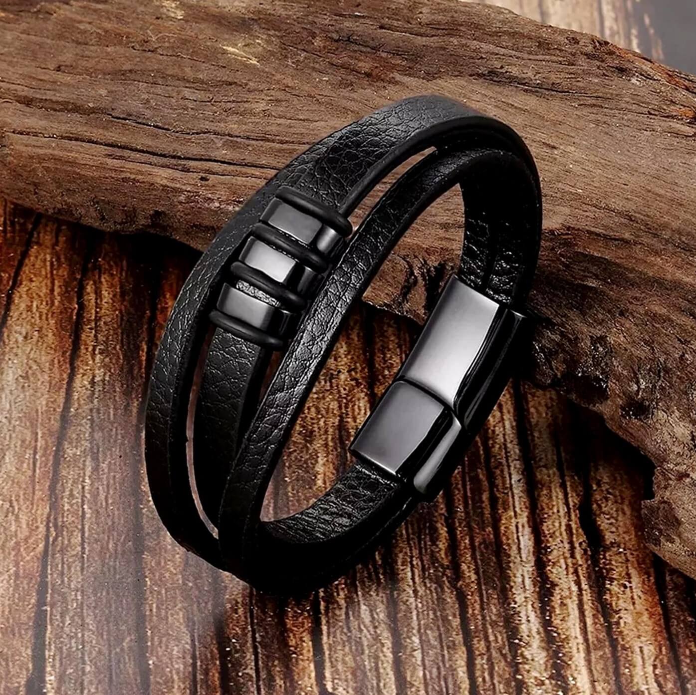 Mens Insignia Black Leather Bracelet