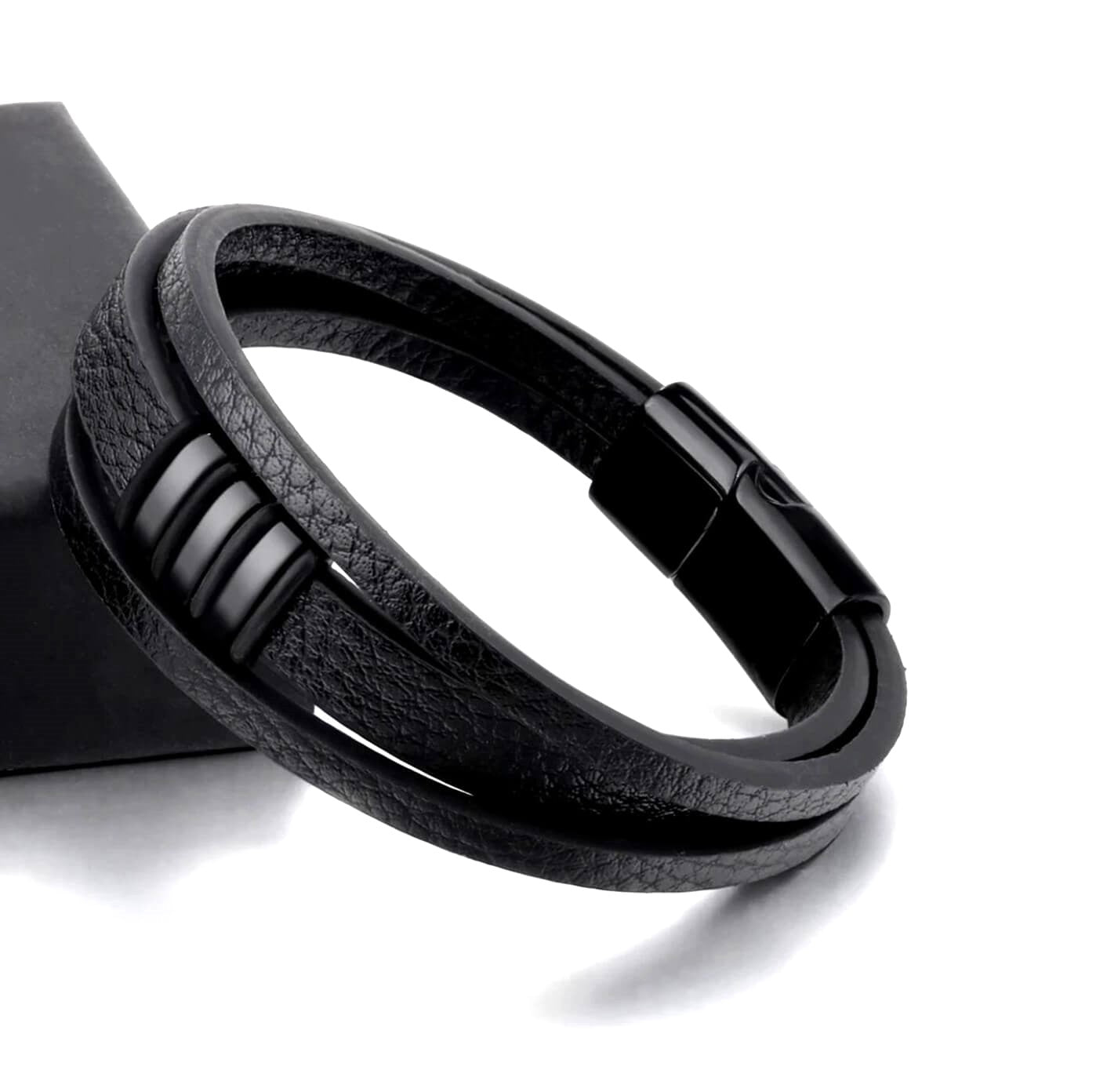 Mens Insignia Black Leather Bracelet