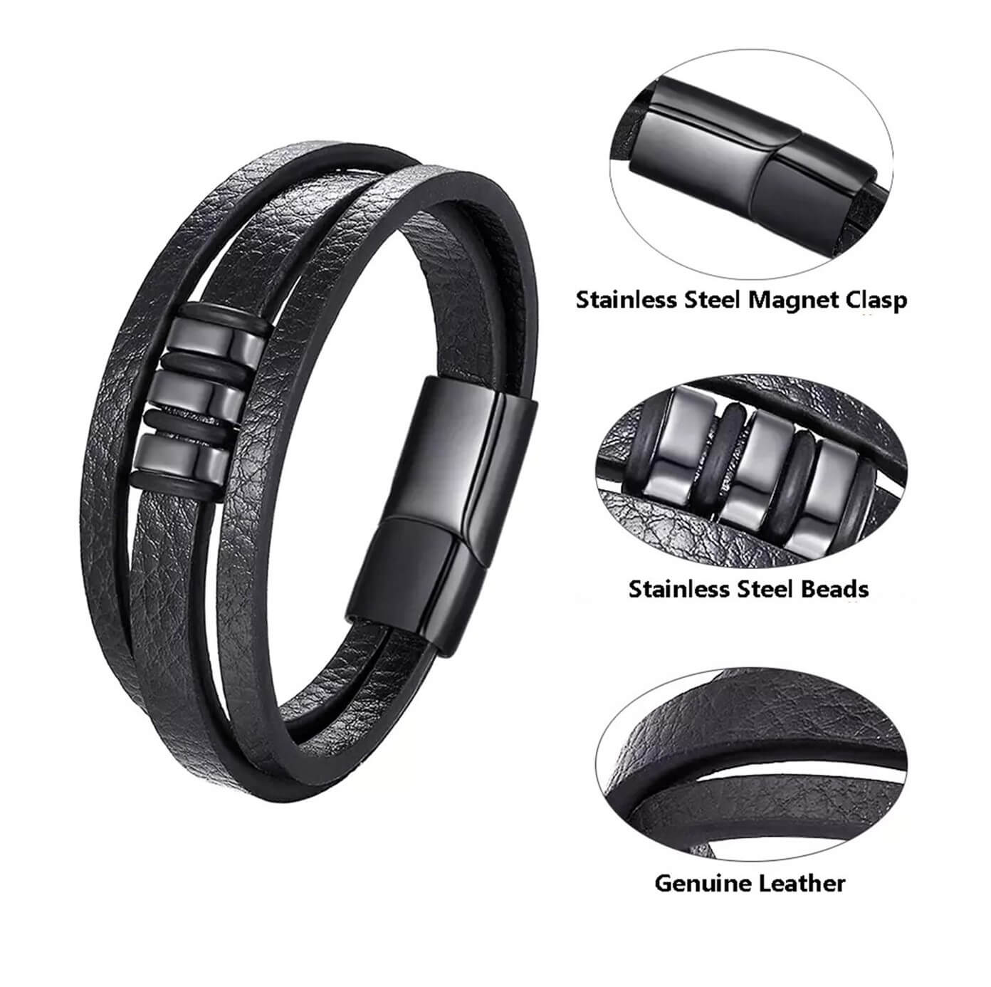 Mens Insignia Black Leather Bracelet
