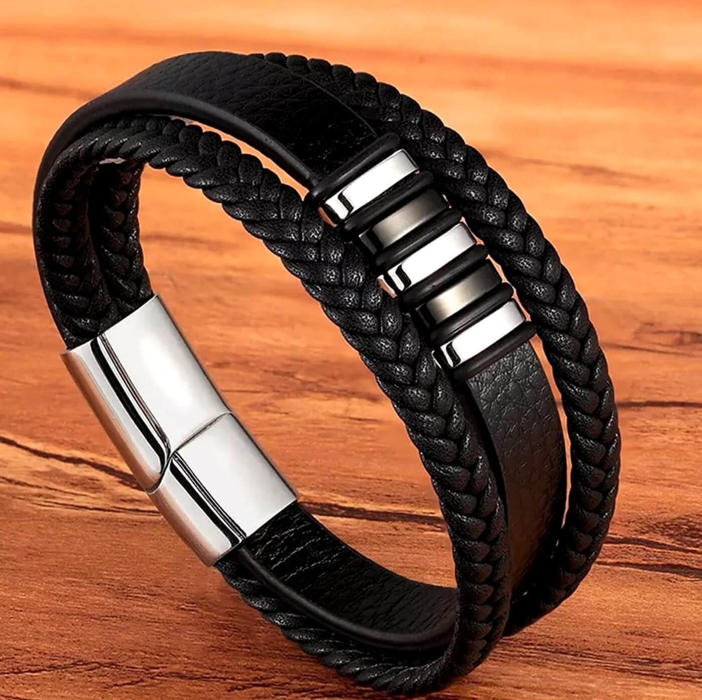 Mens Insignia Silver Leather Bracelet