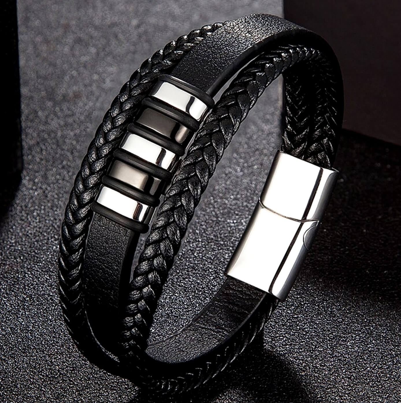 Mens Insignia Silver Leather Bracelet