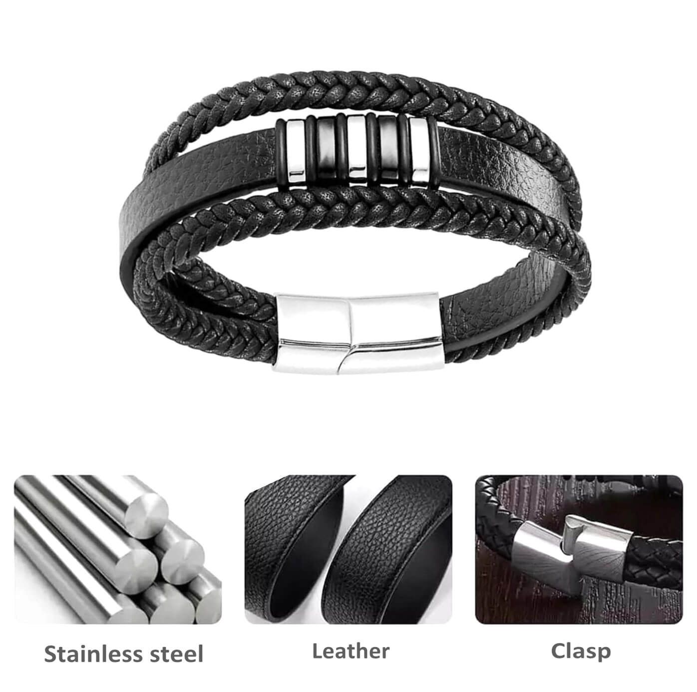 Mens Insignia Silver Leather Bracelet