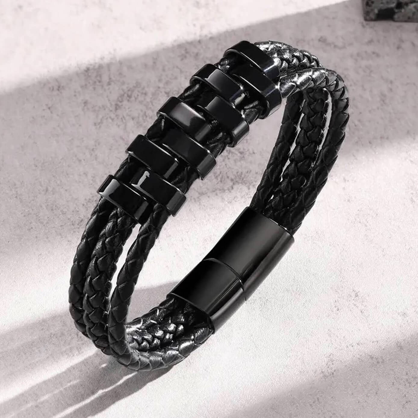 All Black Beam Leather Bracelet