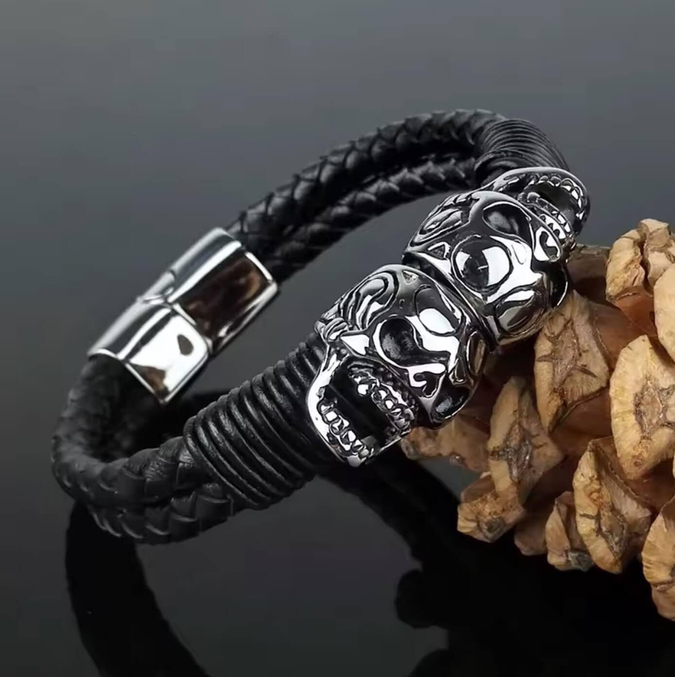 Maxilla Twin Skull Leather Bracelet