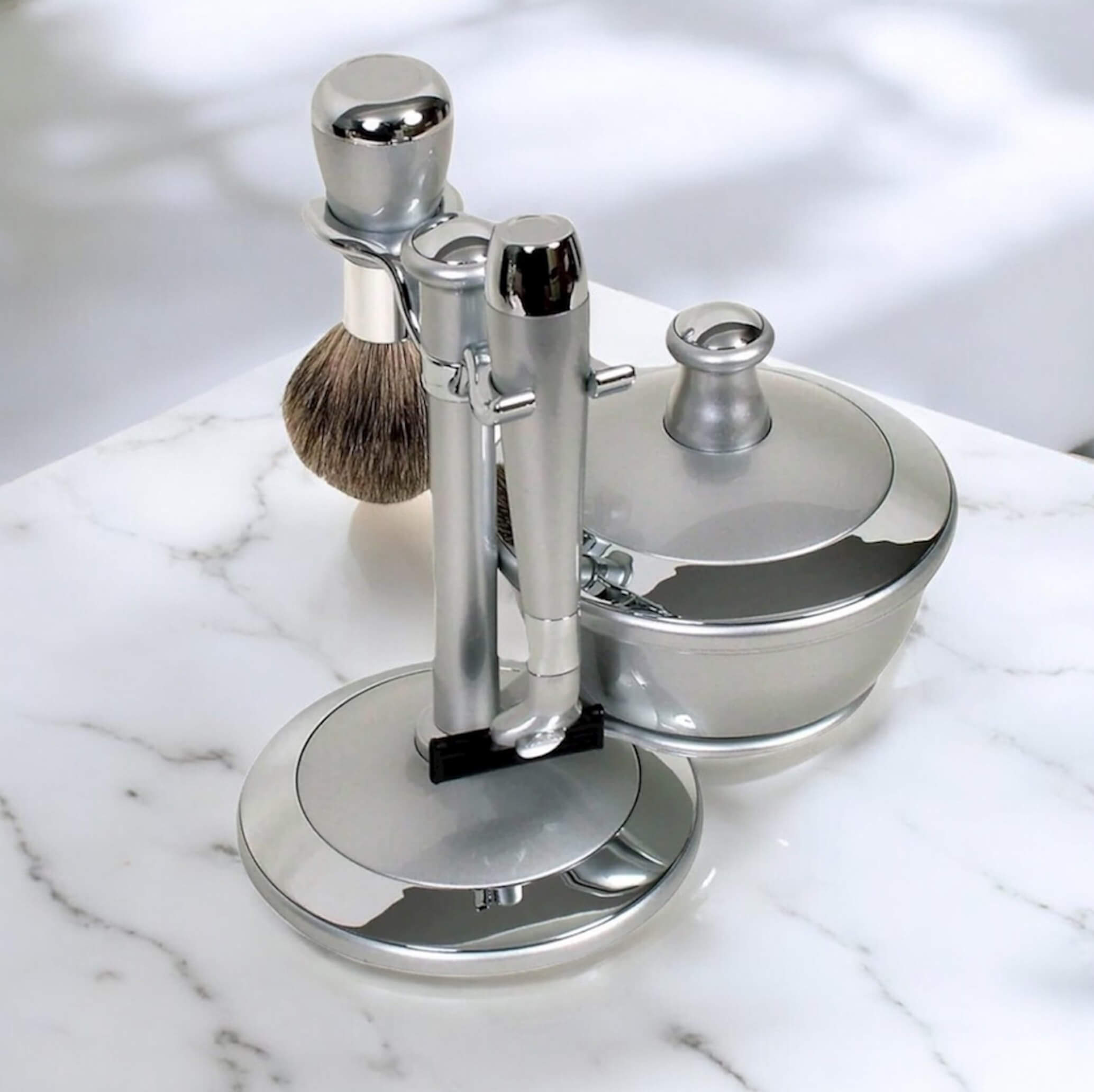 Comoy Mac3 Pewter/Chrome Shave Set/Bowl