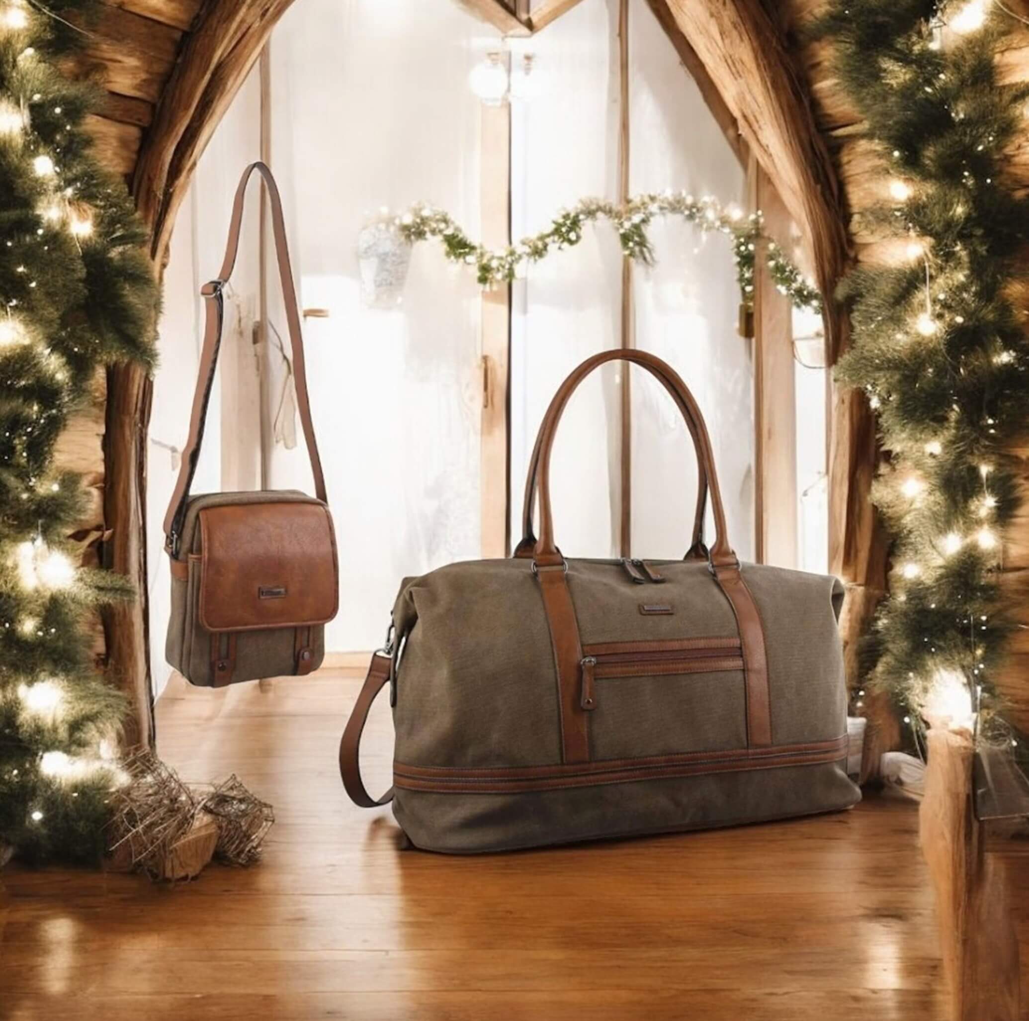 Two bags, a gray duffel bag and a brown crossbody bag, in front of a decorated Christmas tree.