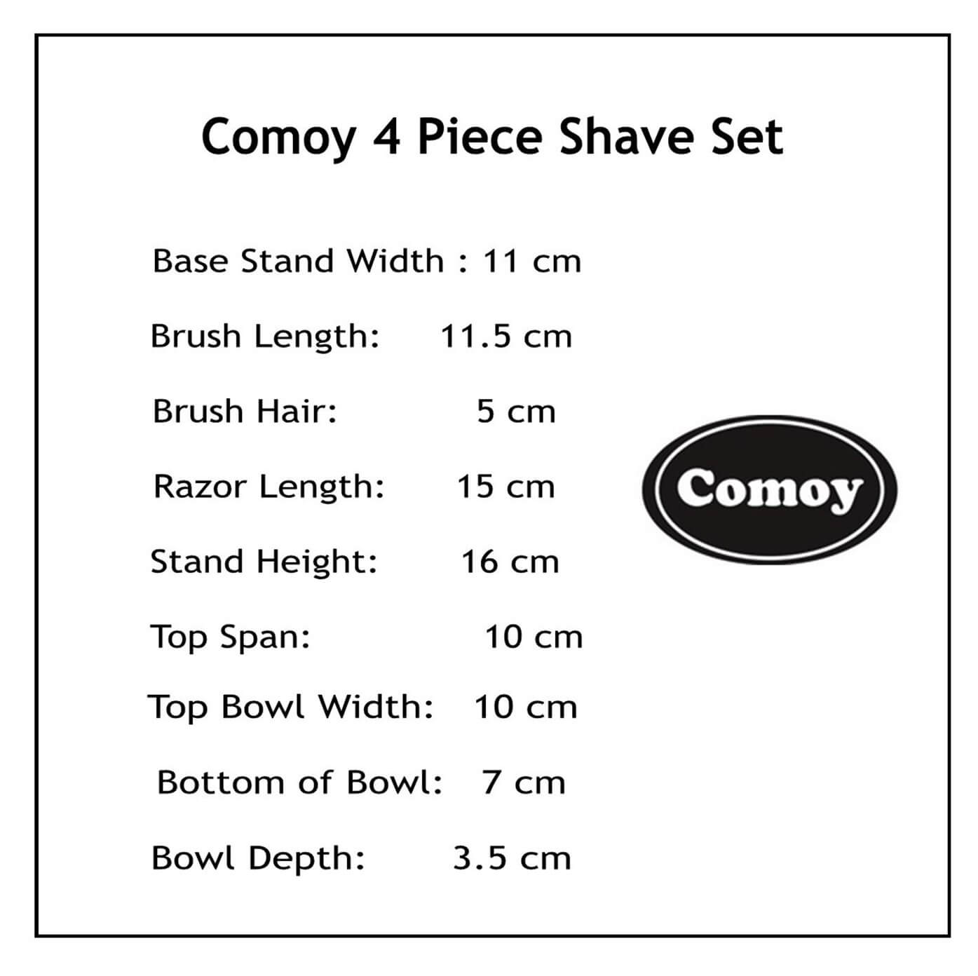 Comoy 4 Piece Shave Set dimensions chart with measurements and Comoy logo.