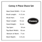 Comoy 4 Piece Shave Set dimensions chart with measurements and Comoy logo.