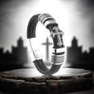 Black Leather Band Mens Cross Bracelet