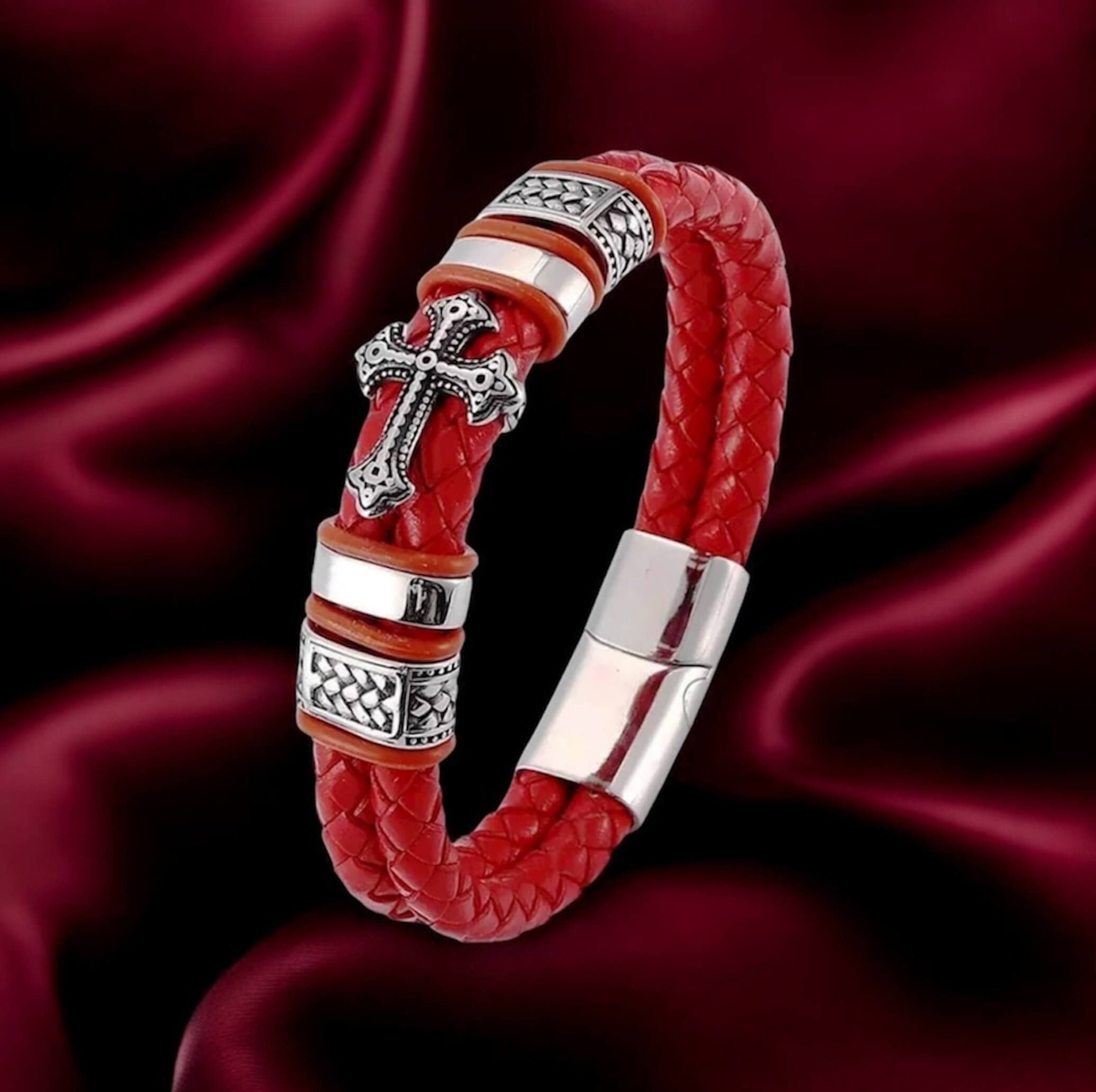 Men's Cross Faith Red Leather Bracelet