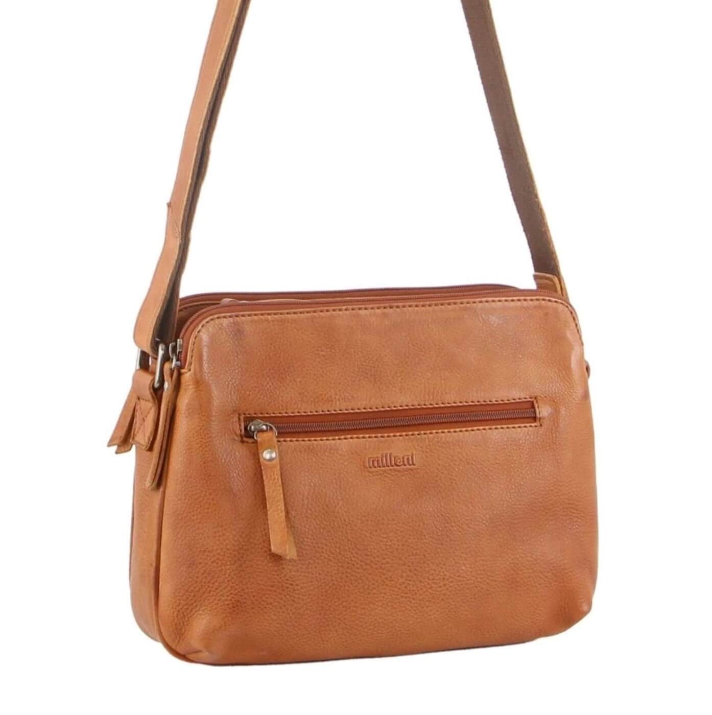 Milleni Ladies Cognac Nappa Leather Cross-Body Bag